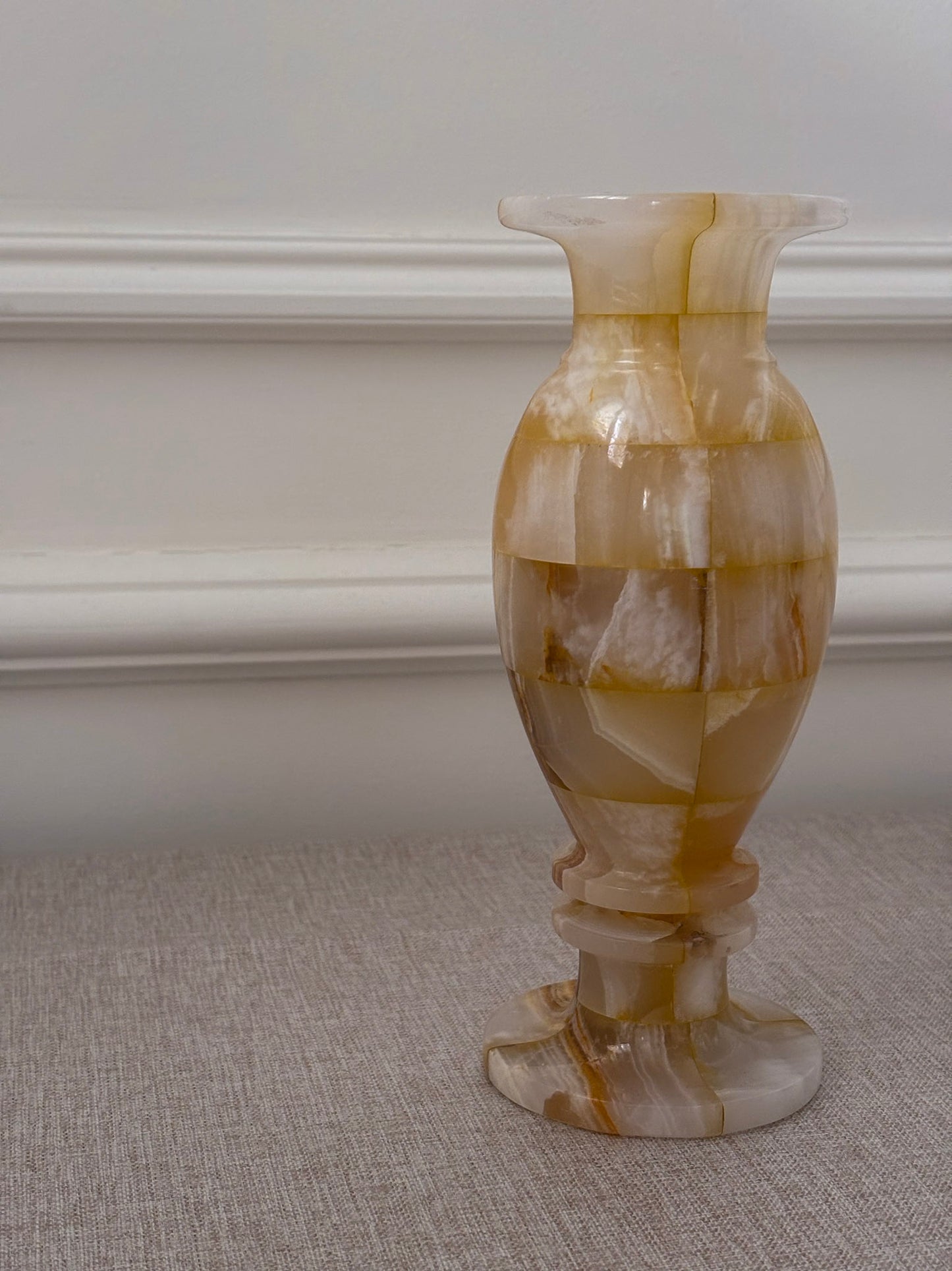 Vintage Butter Yellow Onyx Vase | Sculptural Chequered Stone Vase