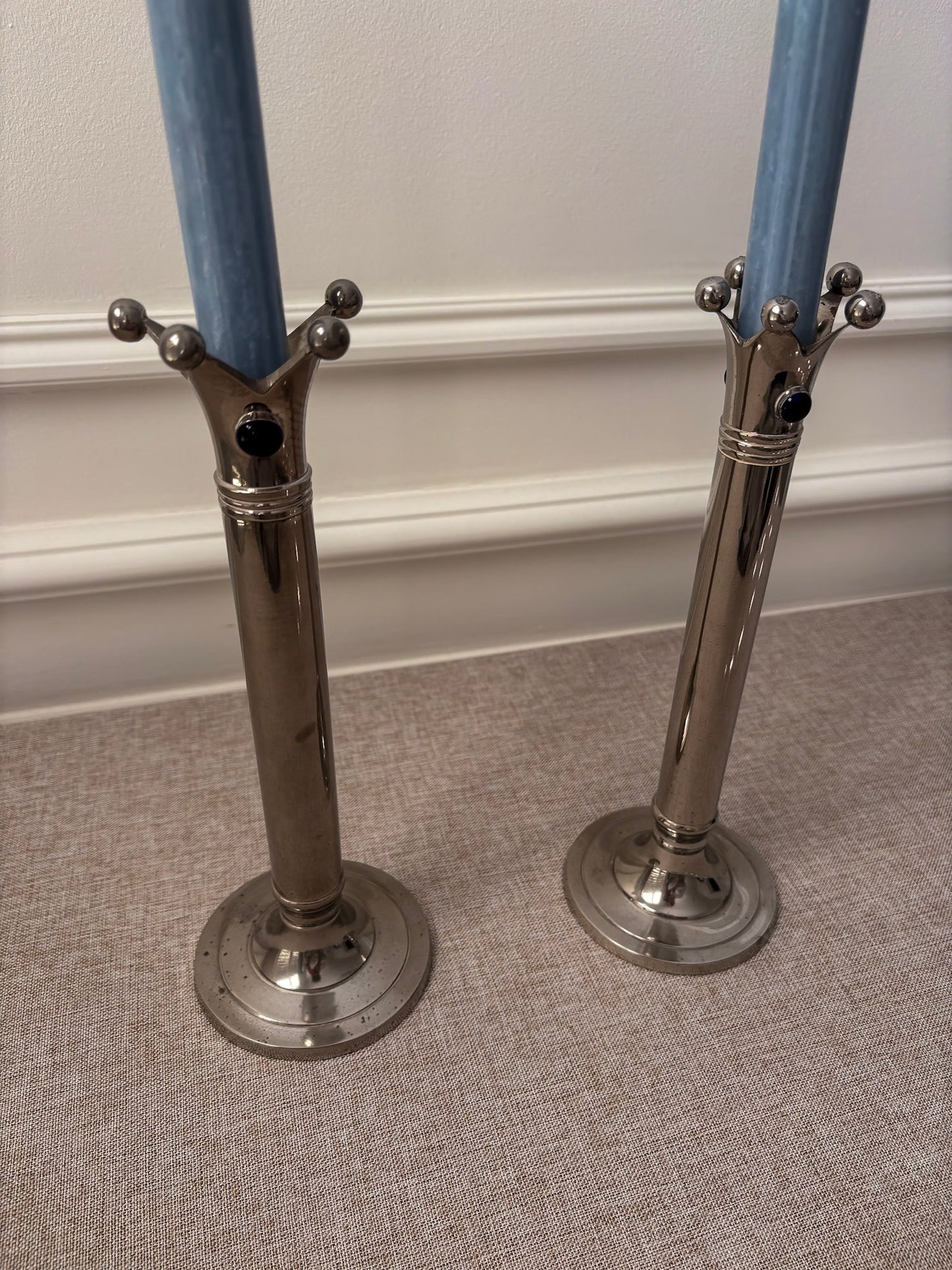 Chrome Jester Crown Candlesticks with Blue Cabochon Detail, Sculptural Taper Candle Holders (Pair)