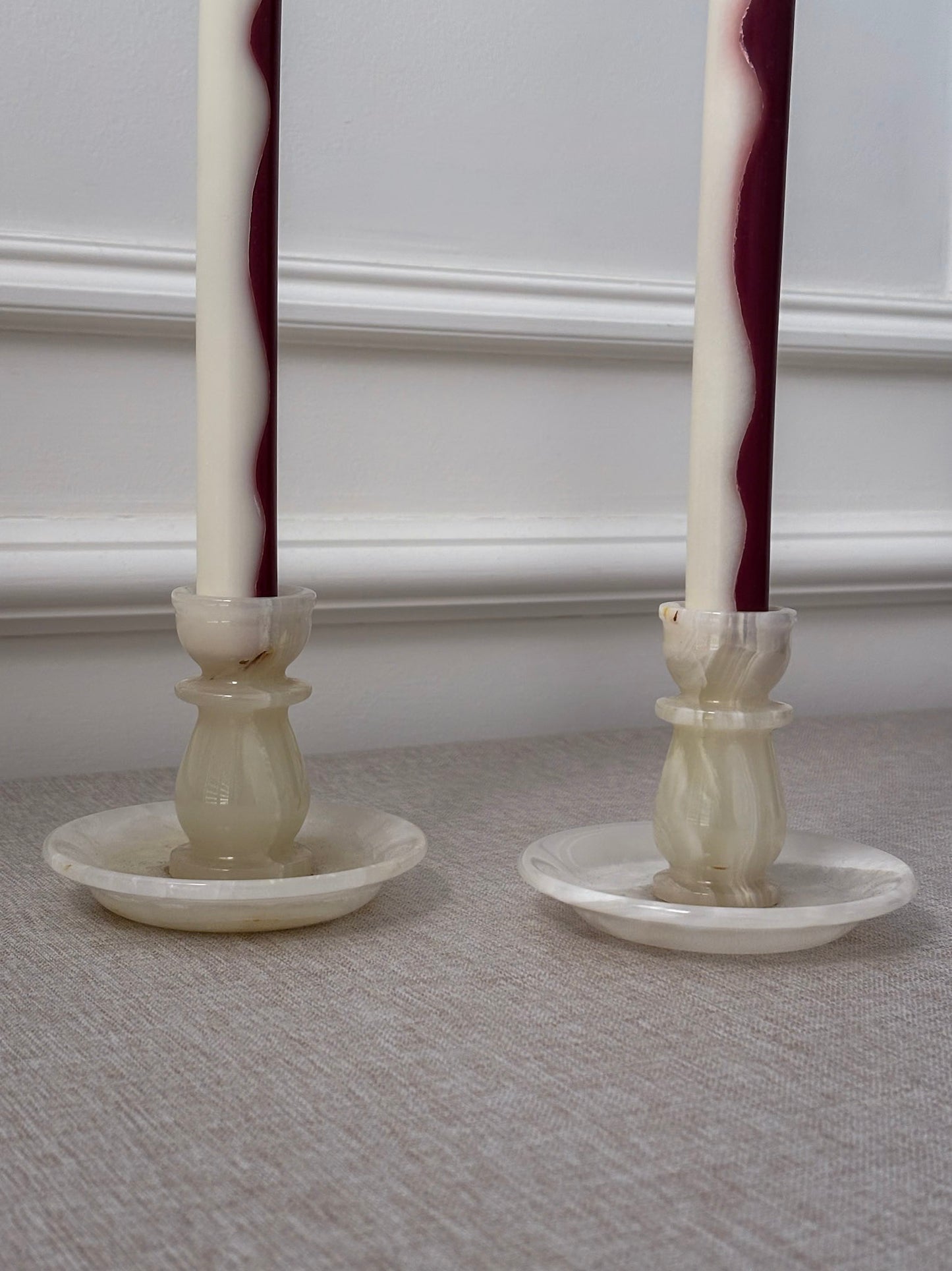 Vintage Cream Onyx Candle Holders Pair | Marble Stone Candlesticks