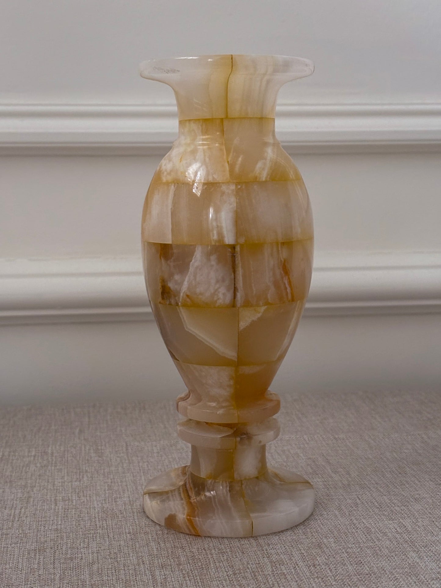Vintage Butter Yellow Onyx Vase | Sculptural Chequered Stone Vase