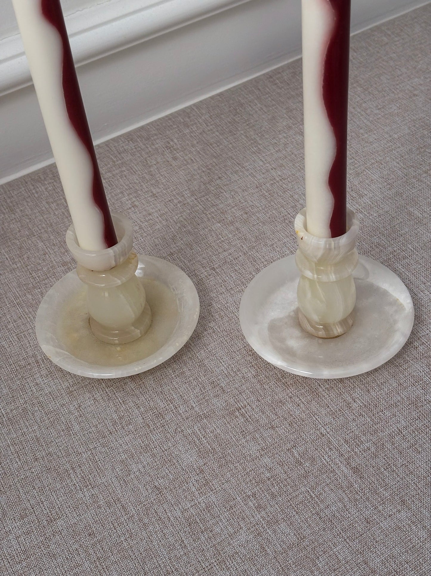 Vintage Cream Onyx Candle Holders Pair | Marble Stone Candlesticks