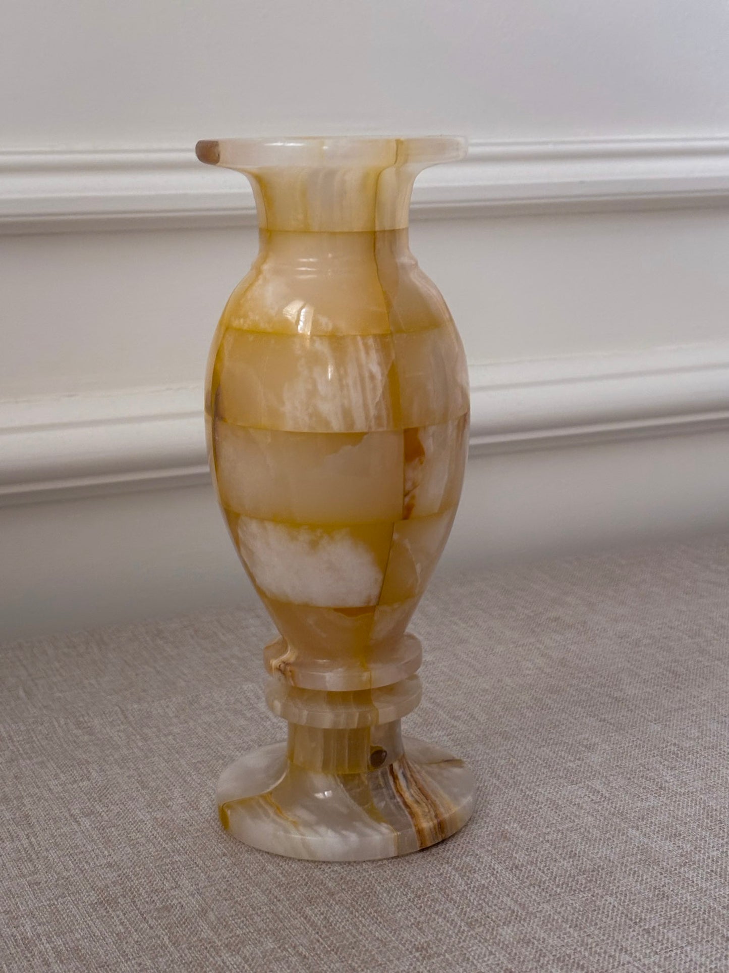 Vintage Butter Yellow Onyx Vase | Sculptural Chequered Stone Vase
