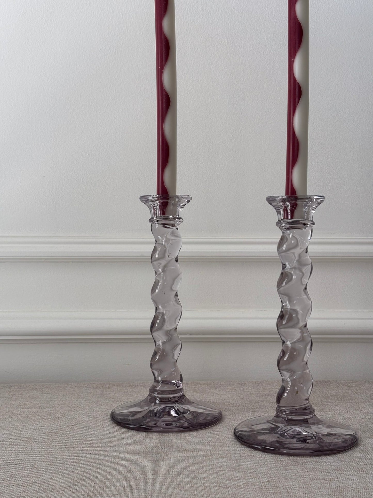 Glass Twist Candlesticks, Pair of Sculptural Spiral Stem Candle Holders