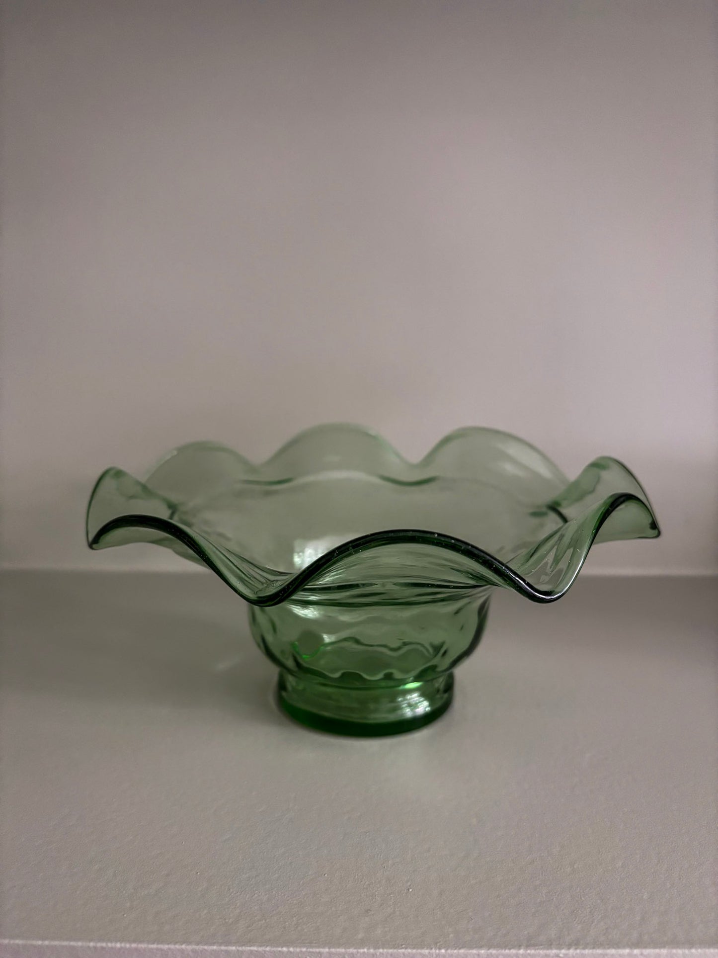 Green Glass Fluted Ruffle Edge Bowl