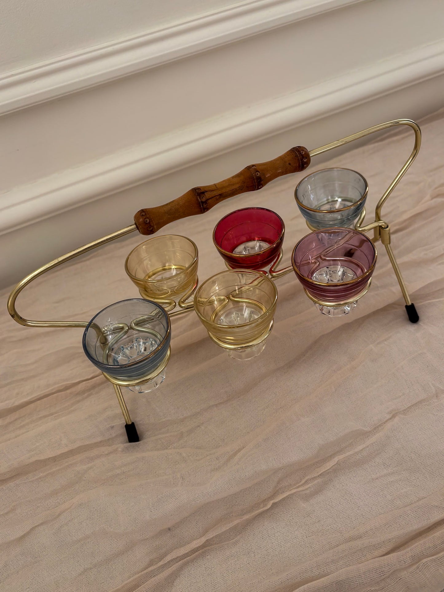 1950s Harlequin Shot Glass Set with Caddy & Bamboo Handle