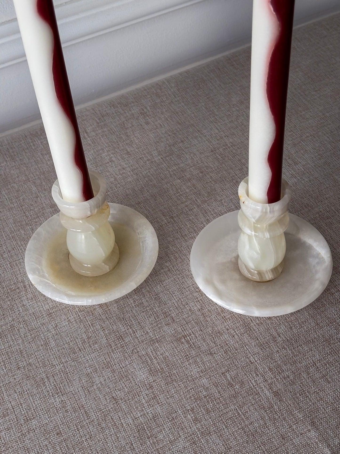 Vintage Cream Onyx Candle Holders Pair | Marble Stone Candlesticks