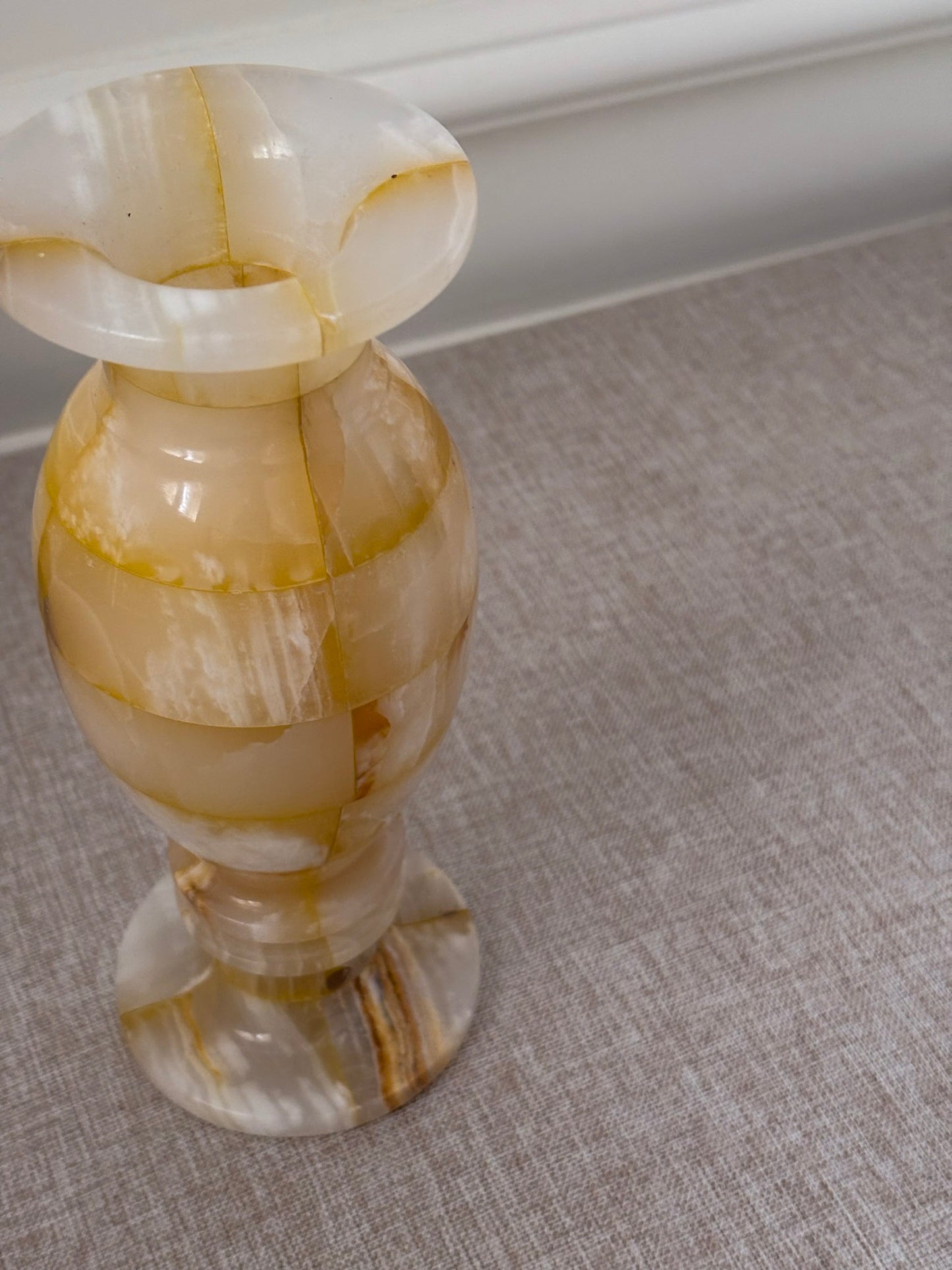 Vintage Butter Yellow Onyx Vase | Sculptural Chequered Stone Vase
