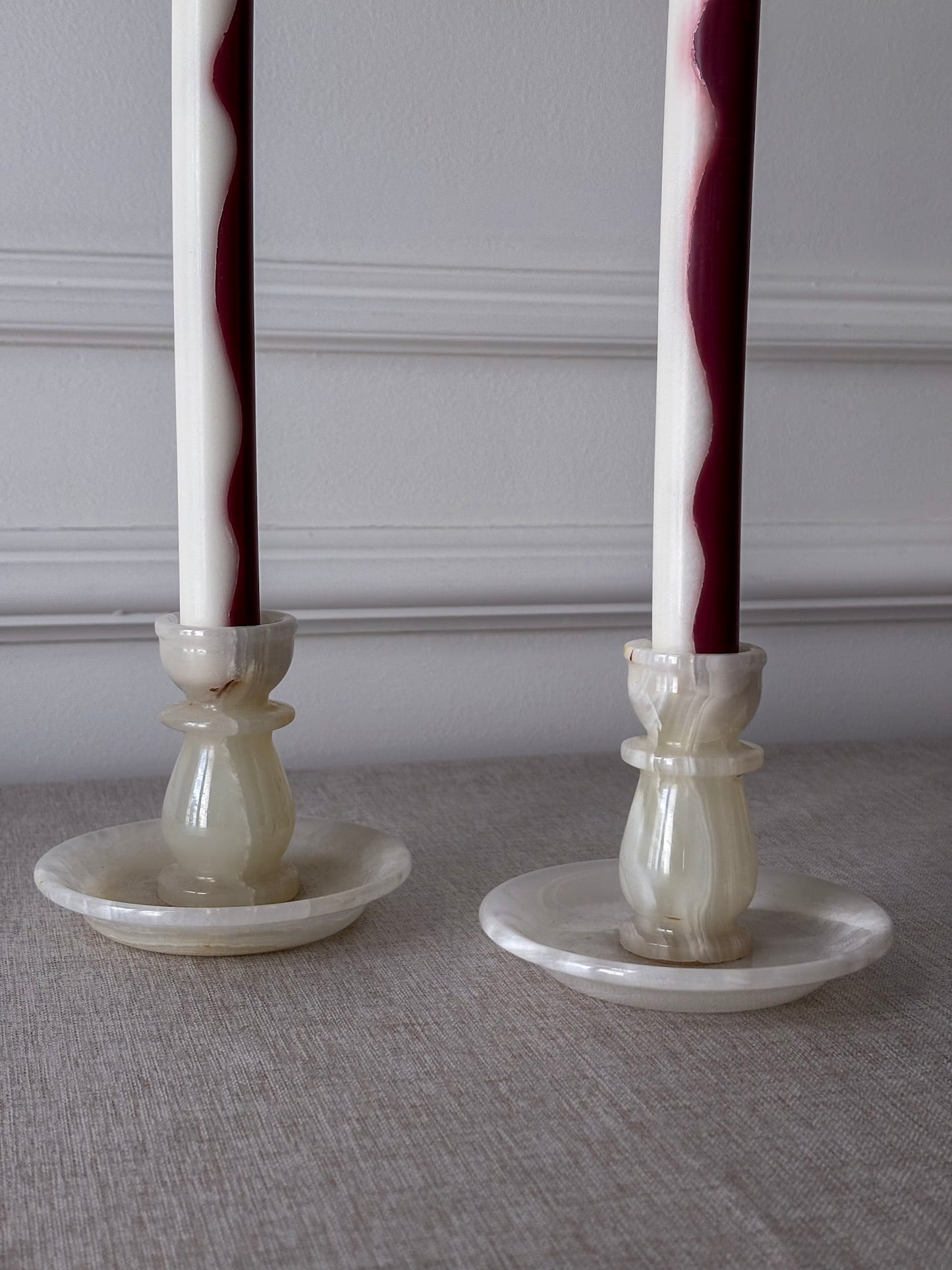 Vintage Cream Onyx Candle Holders Pair | Marble Stone Candlesticks