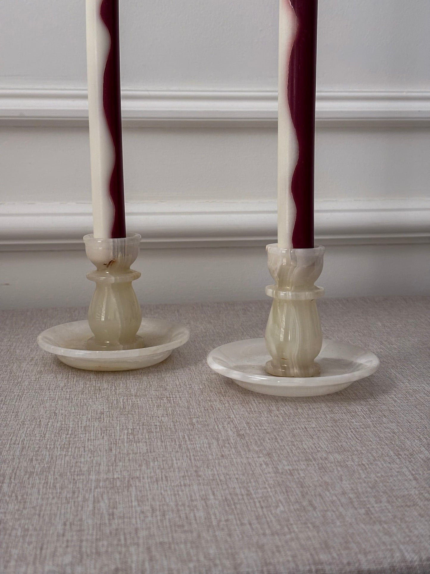 Vintage Cream Onyx Candle Holders Pair | Marble Stone Candlesticks