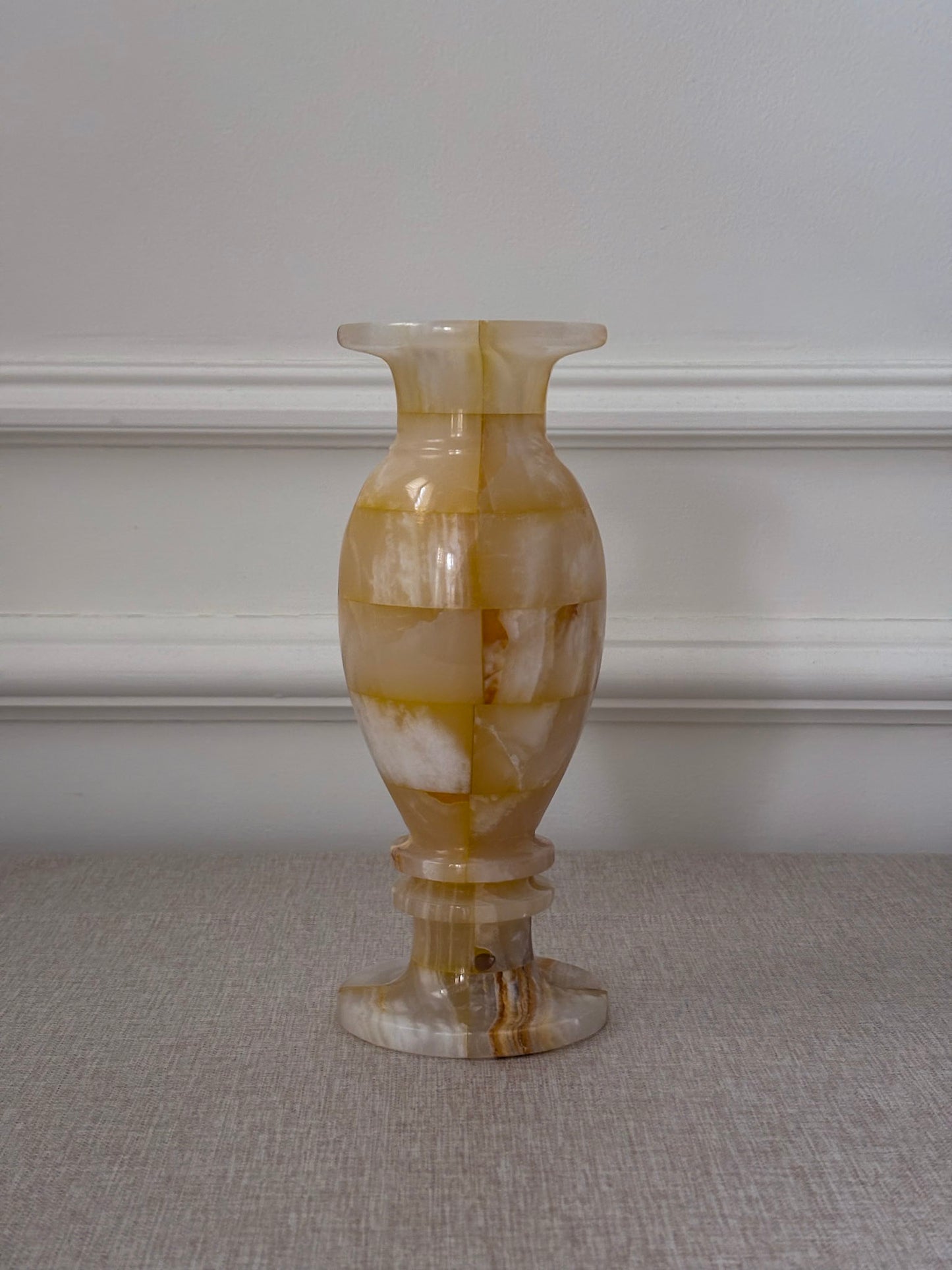 Vintage Butter Yellow Onyx Vase | Sculptural Chequered Stone Vase