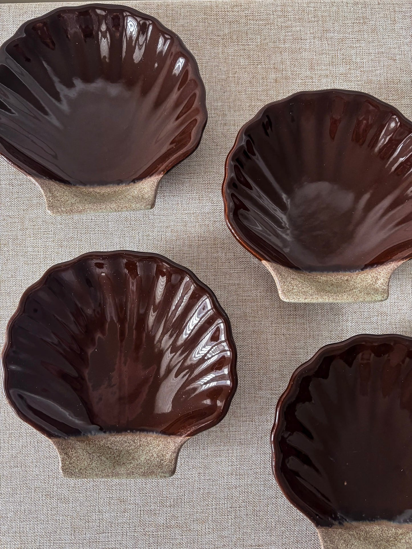 French Ceramic Scallop Shell Dishes - Brown Glaze