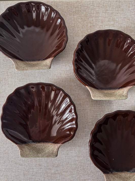 French Ceramic Scallop Shell Dishes - Brown Glaze