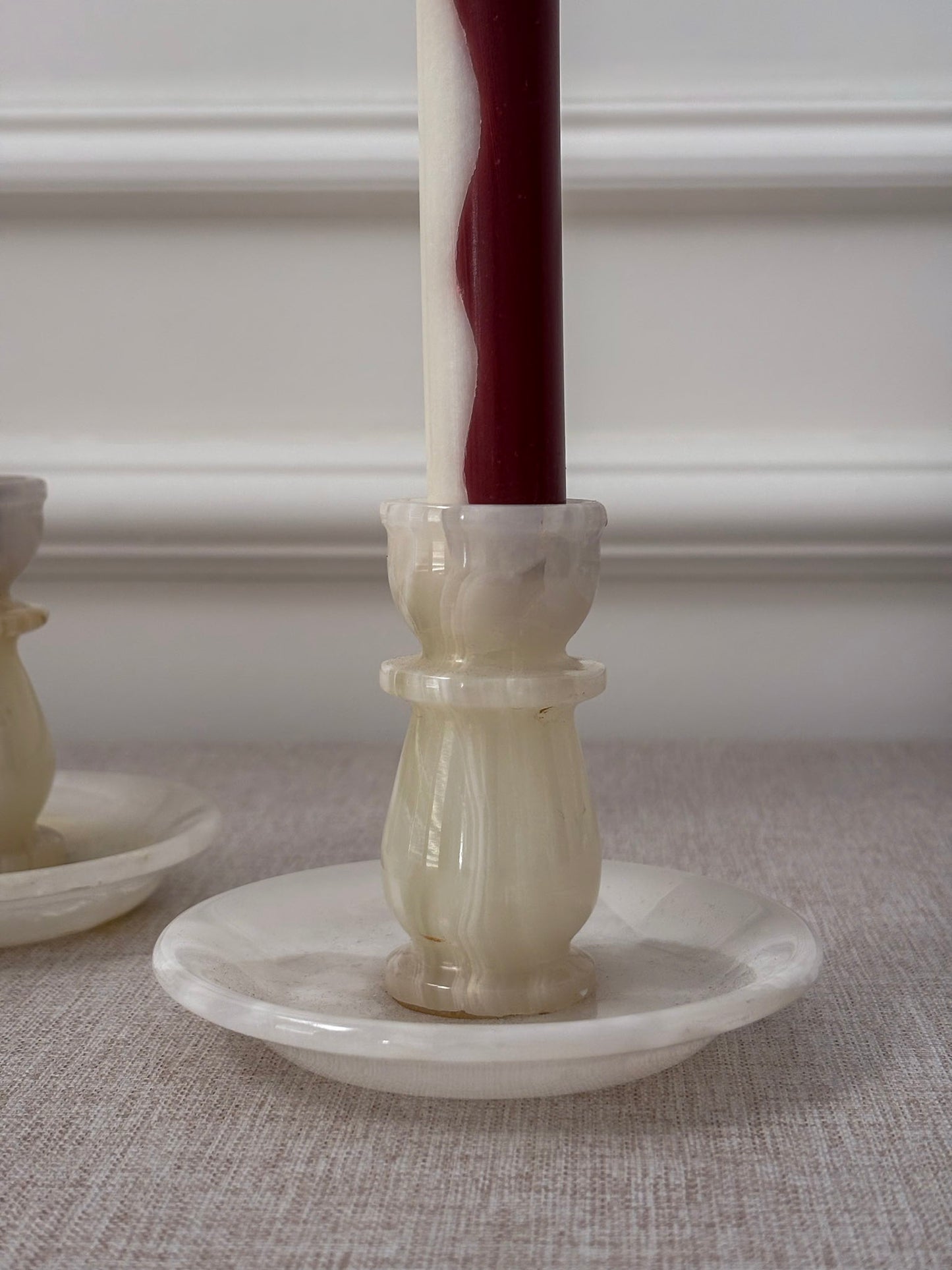 Vintage Cream Onyx Candle Holders Pair | Marble Stone Candlesticks