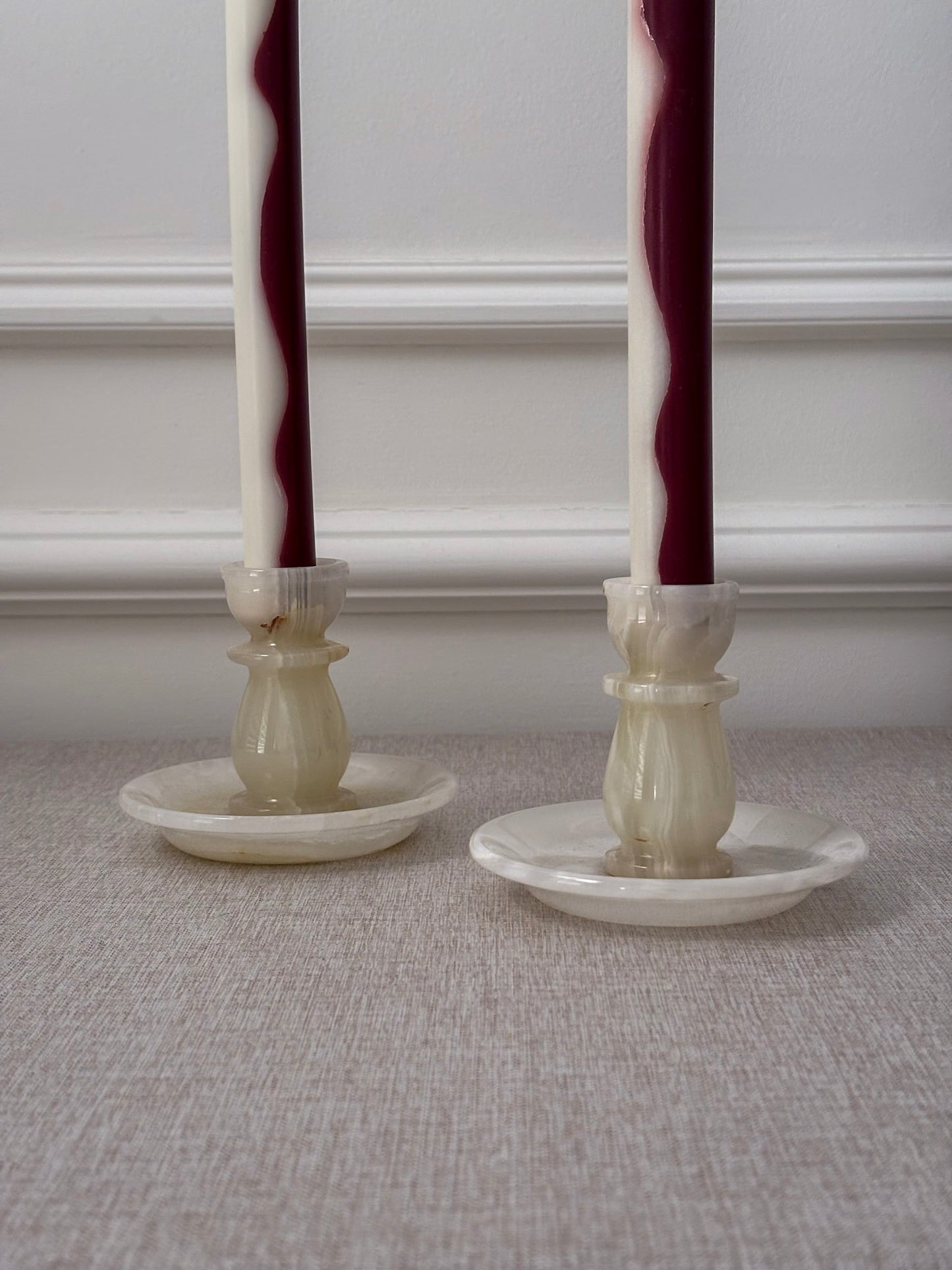 Vintage Cream Onyx Candle Holders Pair | Marble Stone Candlesticks
