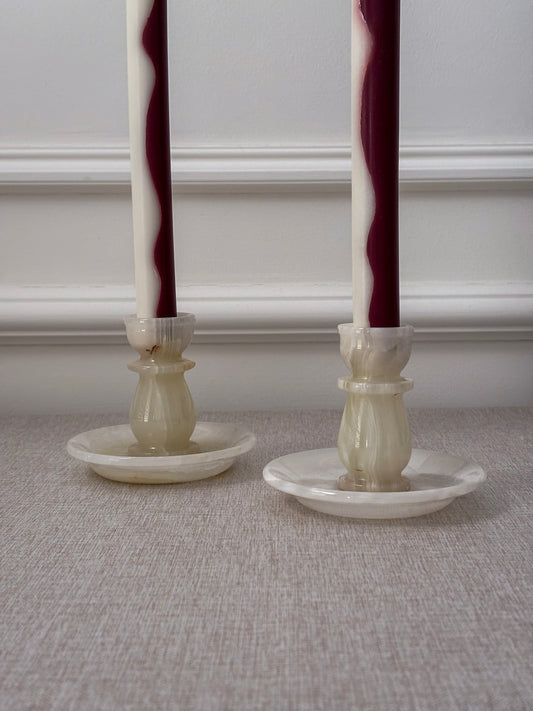 Vintage Cream Onyx Candle Holders Pair | Marble Stone Candlesticks