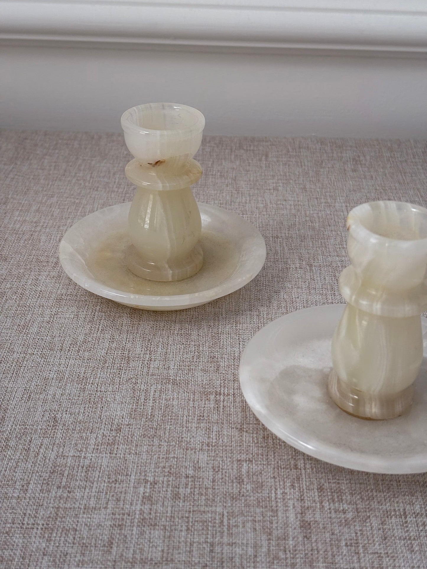 Vintage Cream Onyx Candle Holders Pair | Marble Stone Candlesticks