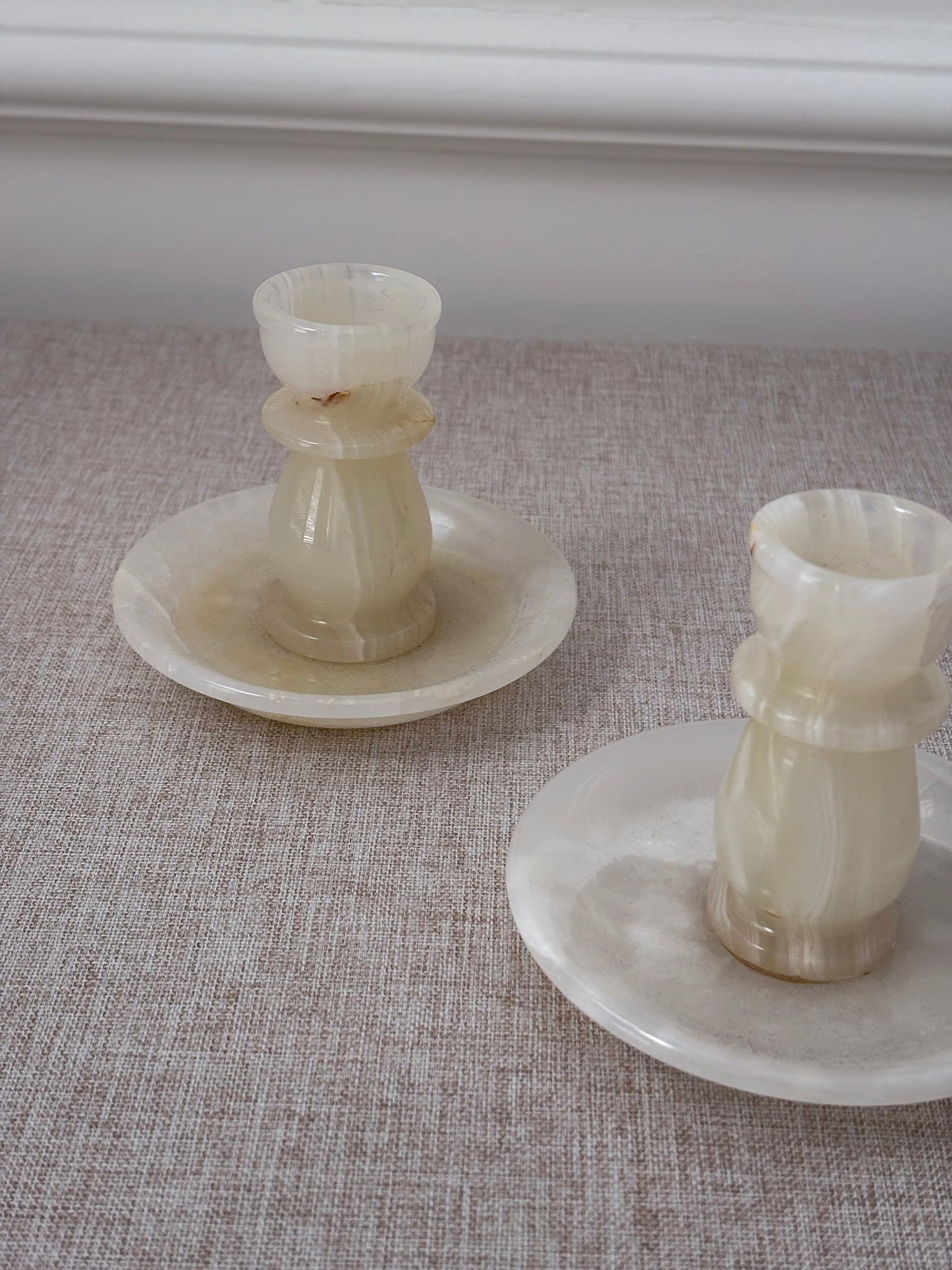 Vintage Cream Onyx Candle Holders Pair | Marble Stone Candlesticks