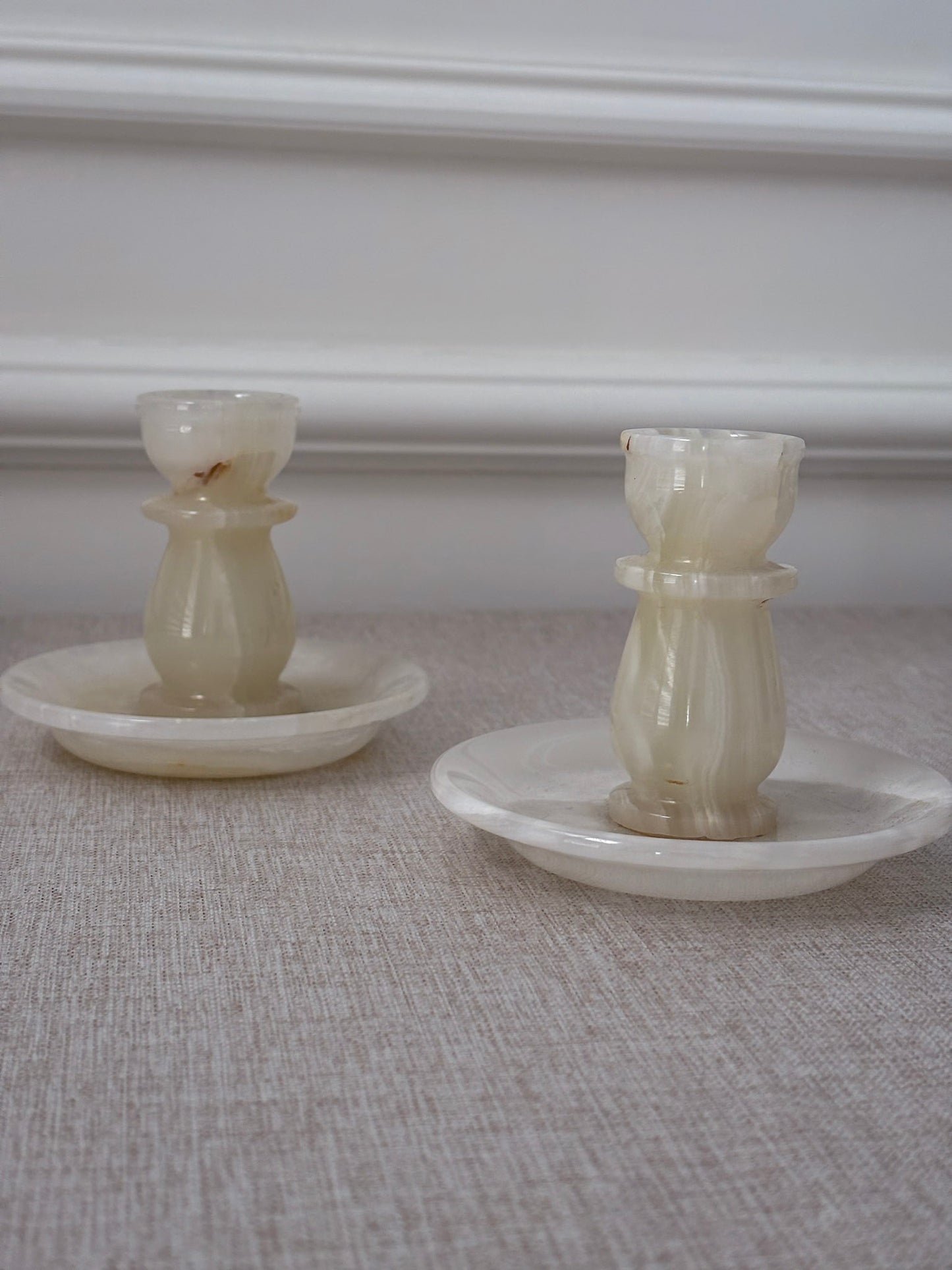 Vintage Cream Onyx Candle Holders Pair | Marble Stone Candlesticks
