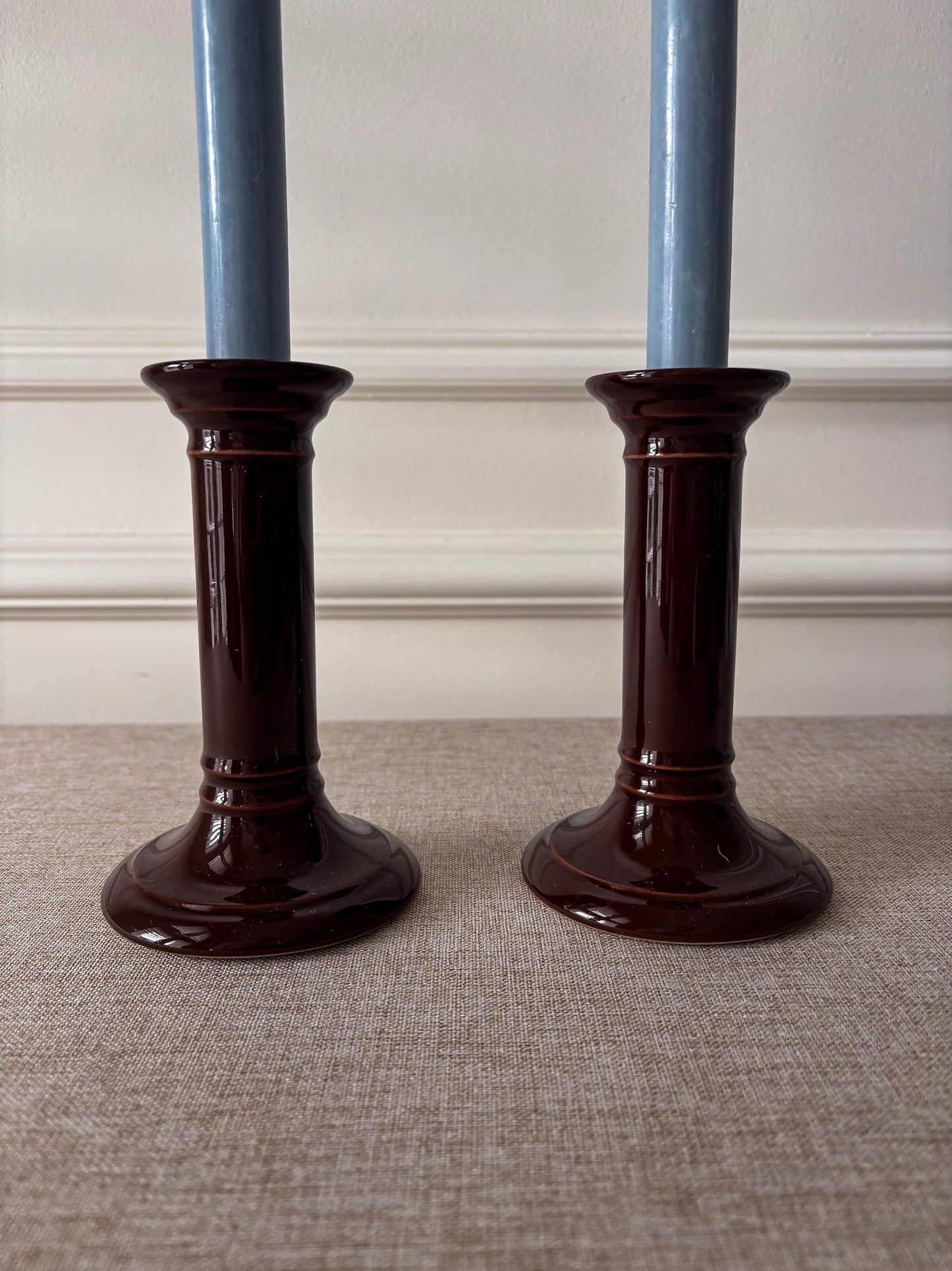 Mid-Century Brown Ceramic Candlestick Holders