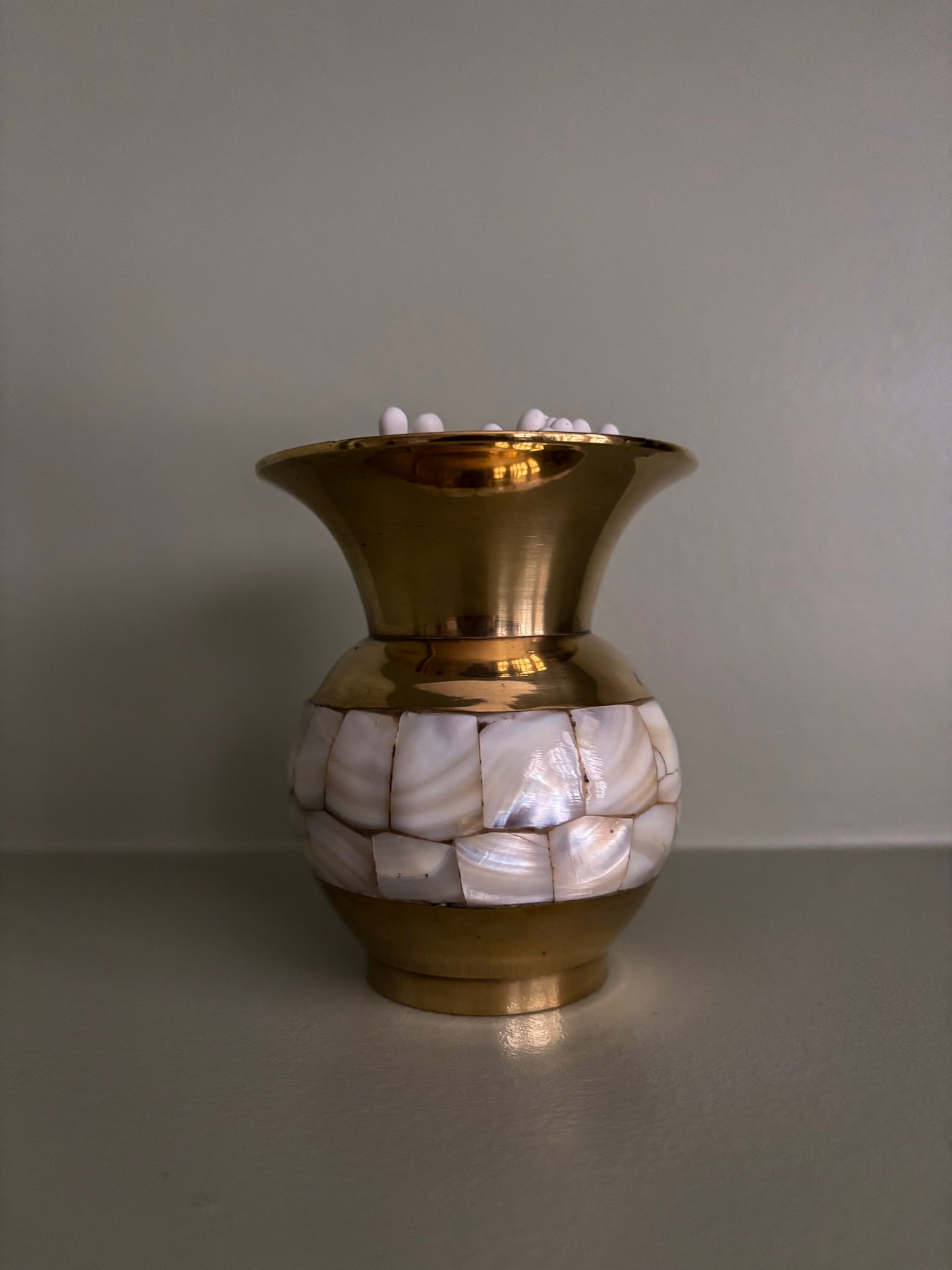 Mother-of-Pearl Inlay Brass Mini Vase Matchstick Holder