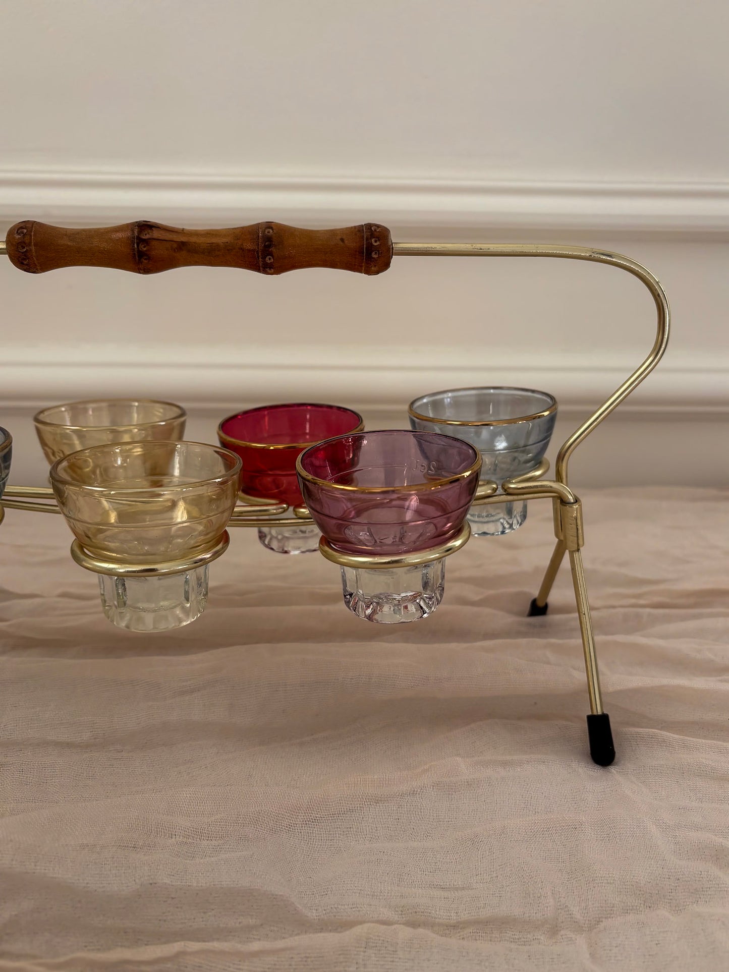 1950s Harlequin Shot Glass Set with Caddy & Bamboo Handle