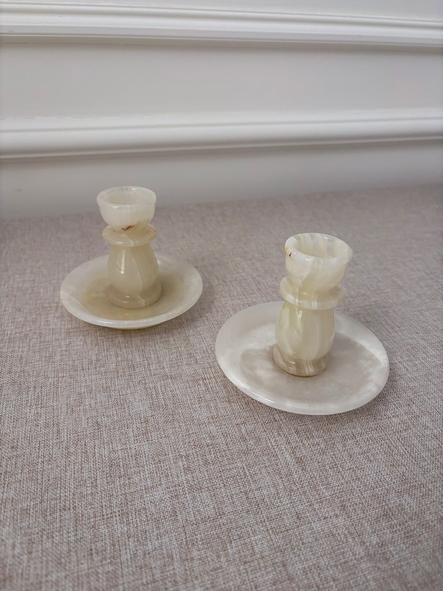 Vintage Cream Onyx Candle Holders Pair | Marble Stone Candlesticks