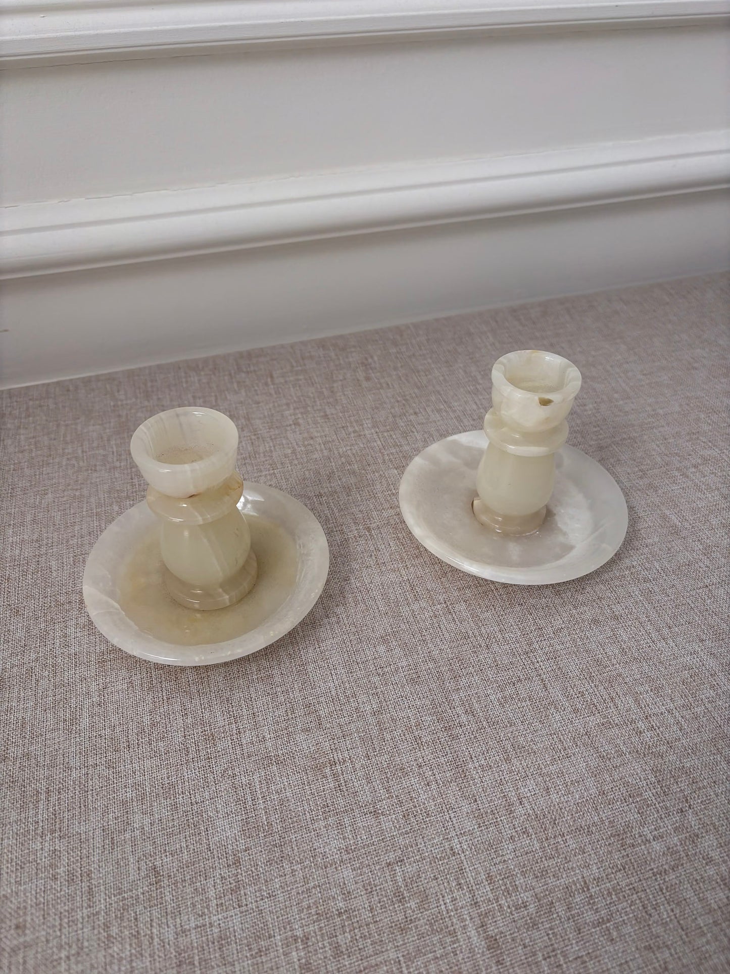 Vintage Cream Onyx Candle Holders Pair | Marble Stone Candlesticks
