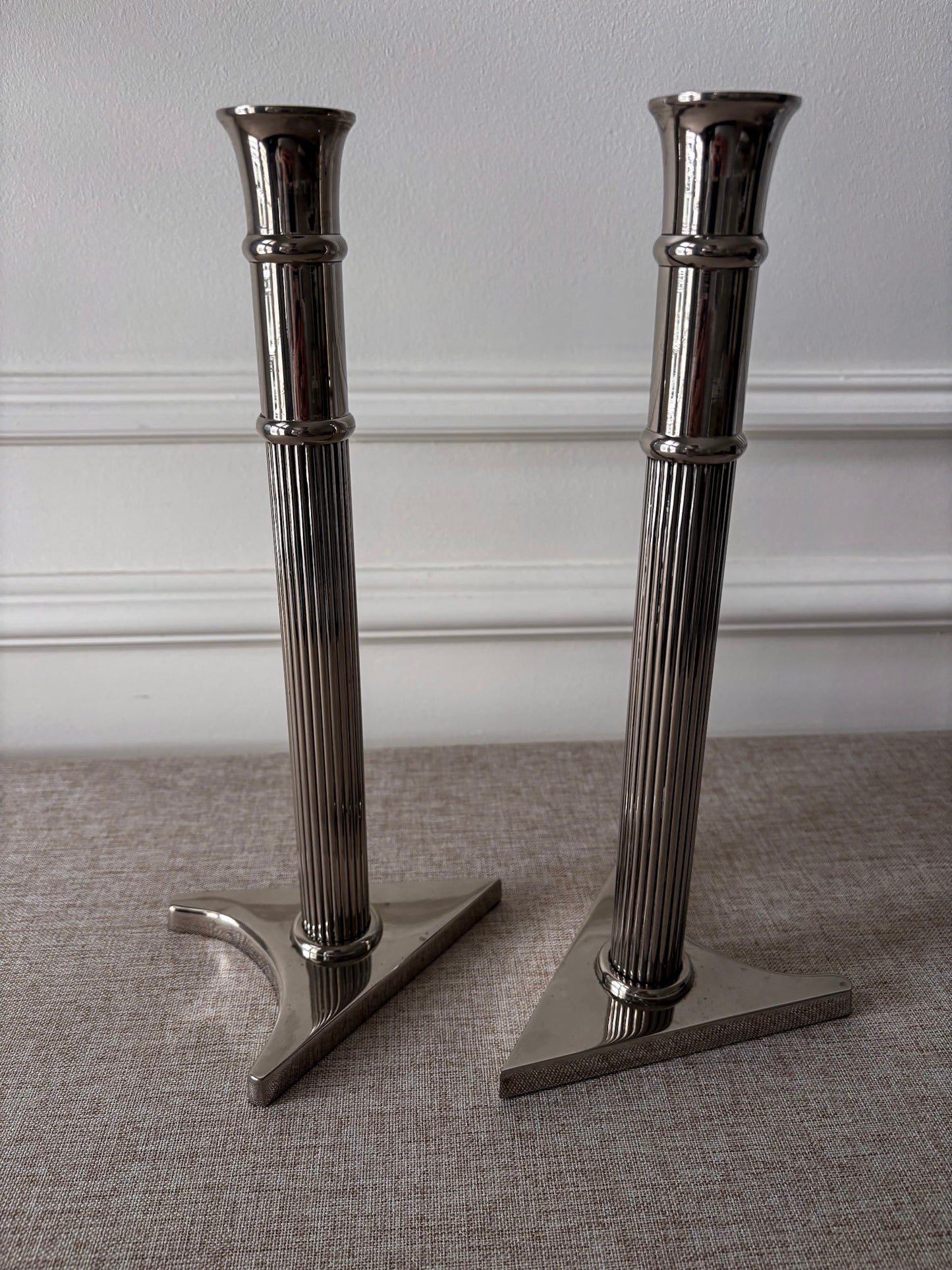 Pair of Silver-Tone Triangular Base Candlesticks