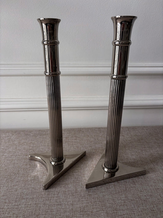 Pair of Silver-Tone Triangular Base Candlesticks