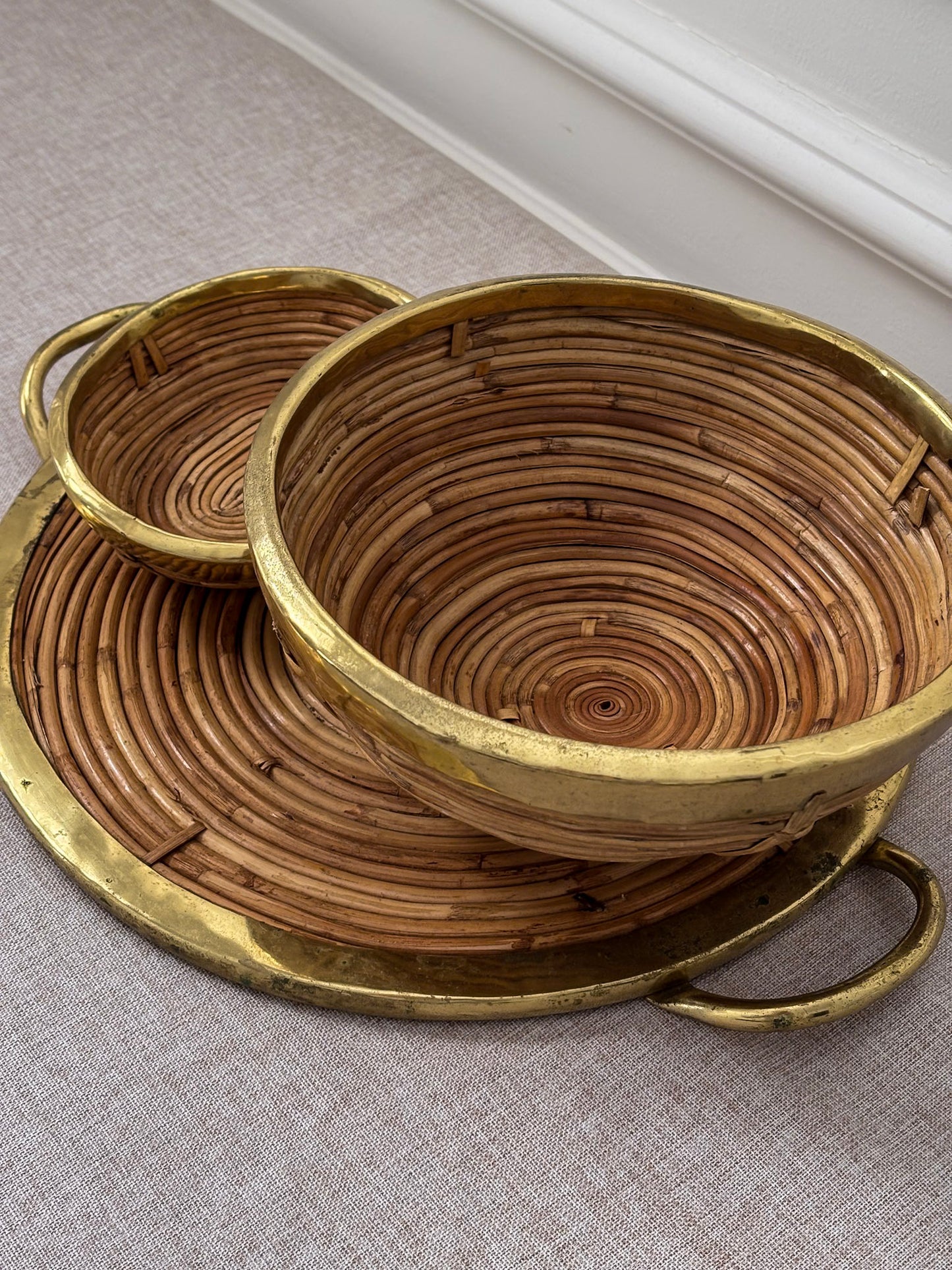 Vintage Brass & Rattan Serving Tray and Bowl Set | 1970s Italian Style Barware