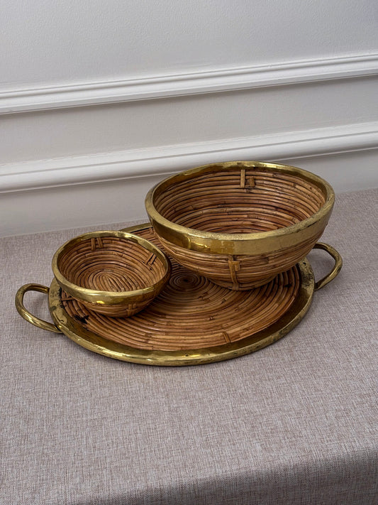 Vintage Brass & Rattan Serving Tray and Bowl Set | 1970s Italian Style Barware