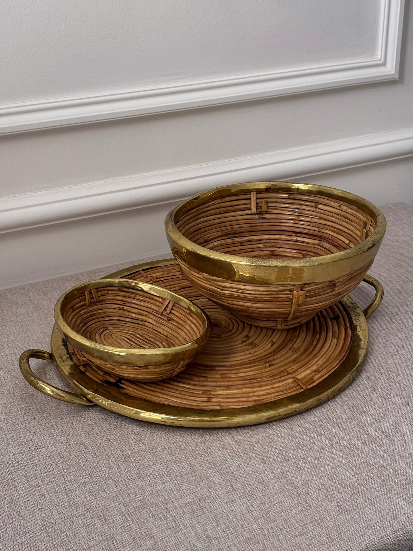 Vintage Brass & Rattan Serving Tray and Bowl Set | 1970s Italian Style Barware