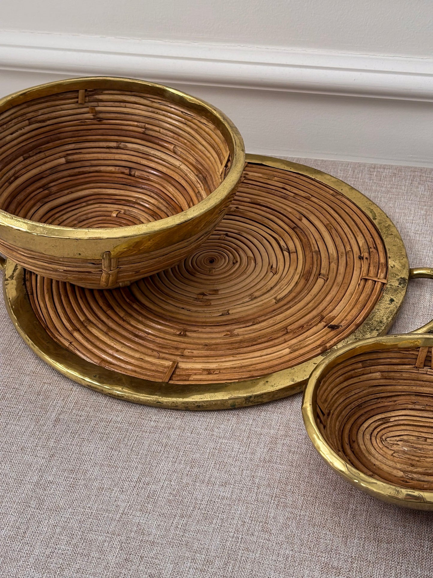 Vintage Brass & Rattan Serving Tray and Bowl Set | 1970s Italian Style Barware
