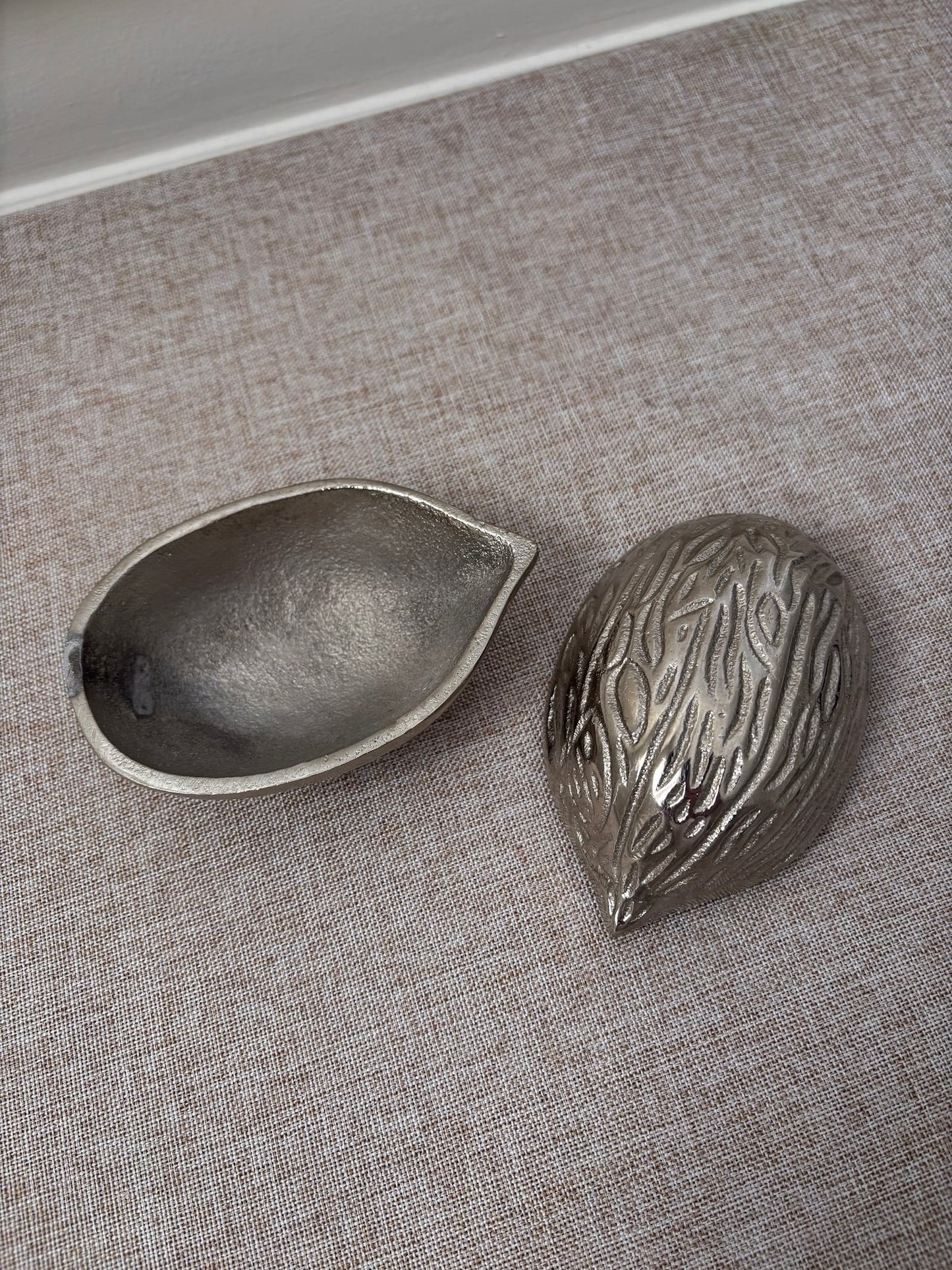 Silver Metal Walnut Trinket Box, Decorative Storage Dish with Lid