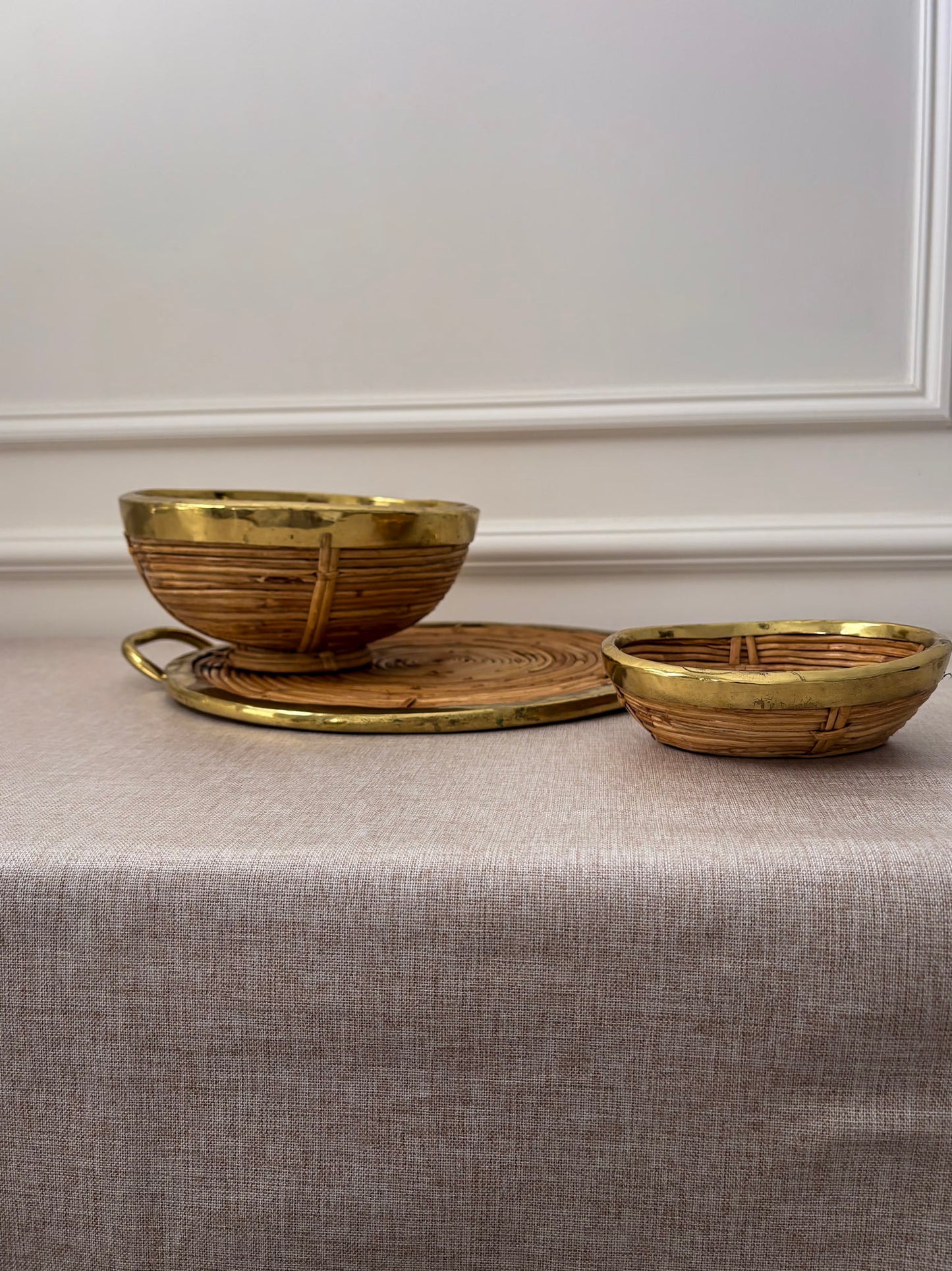 Vintage Brass & Rattan Serving Tray and Bowl Set | 1970s Italian Style Barware