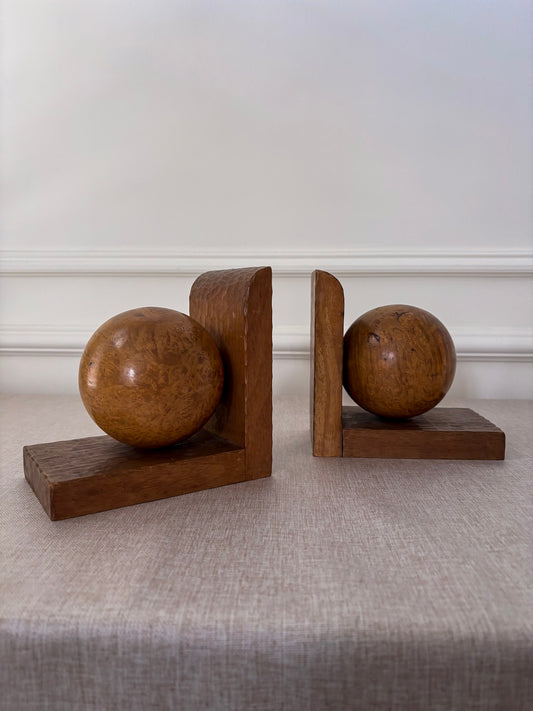 Mid Century Sculptural Wooden Orb Bookends | Vintage Organic Modern Decor