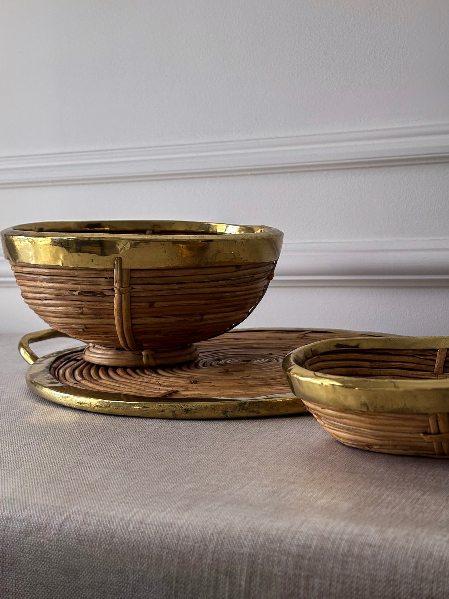 Vintage Brass & Rattan Serving Tray and Bowl Set | 1970s Italian Style Barware