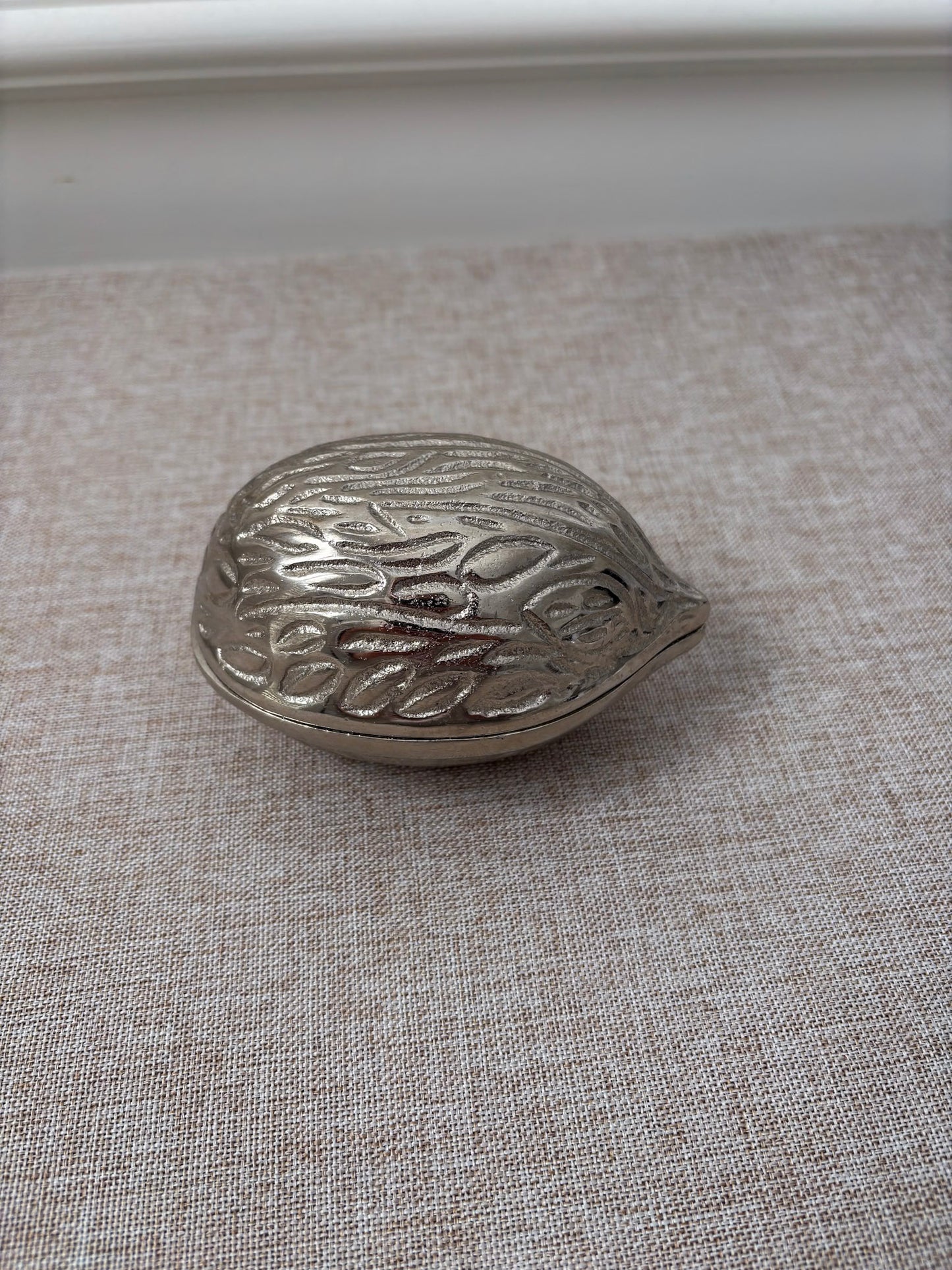 Silver Metal Walnut Trinket Box, Decorative Storage Dish with Lid