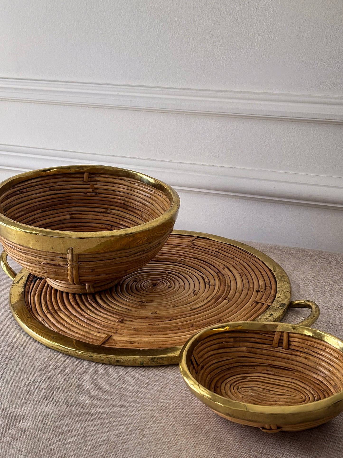 Vintage Brass & Rattan Serving Tray and Bowl Set | 1970s Italian Style Barware