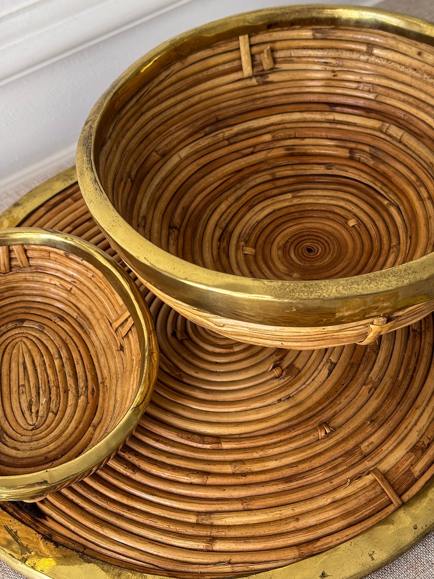 Vintage Brass & Rattan Serving Tray and Bowl Set | 1970s Italian Style Barware
