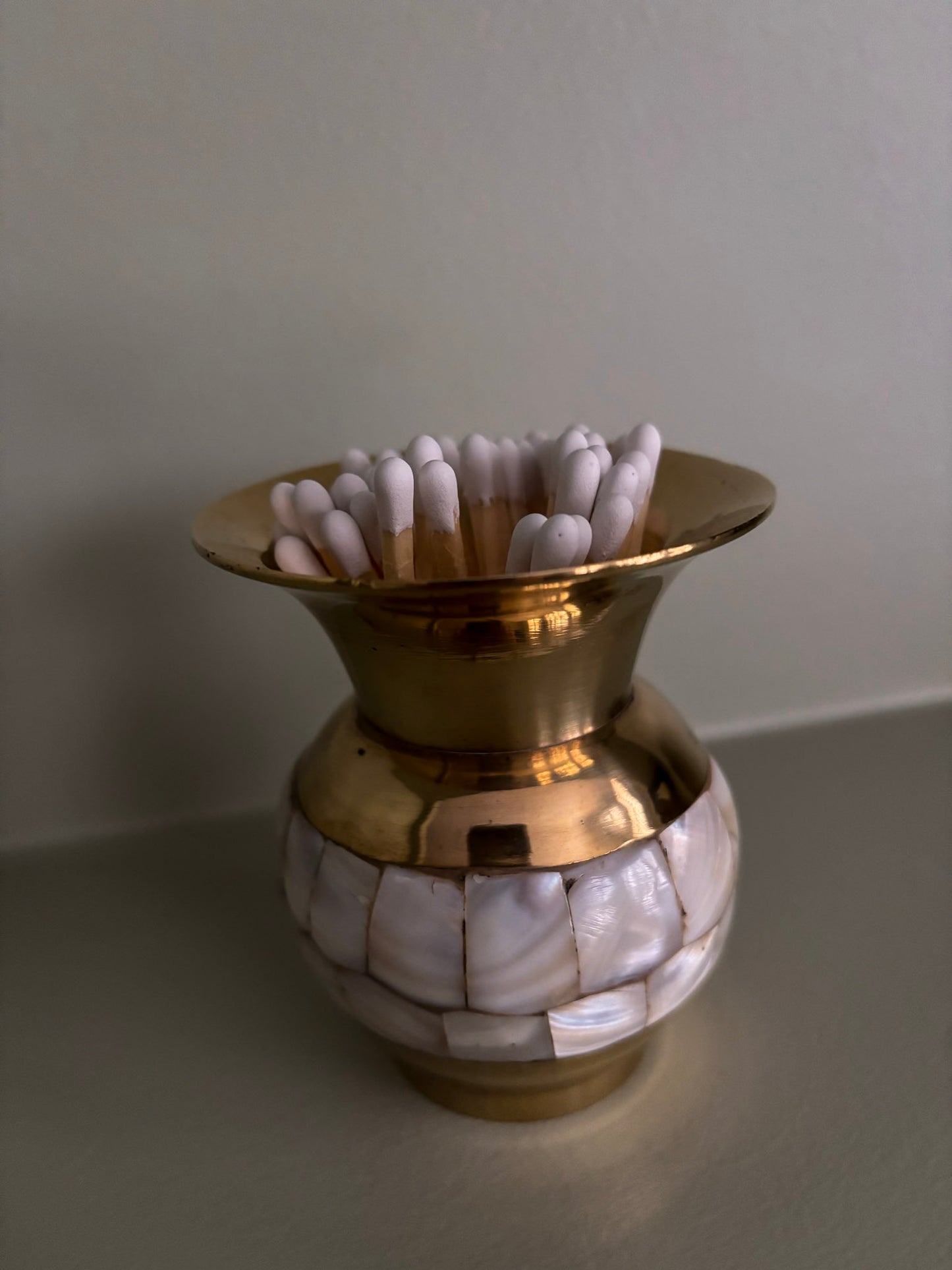 Mother-of-Pearl Inlay Brass Mini Vase Matchstick Holder