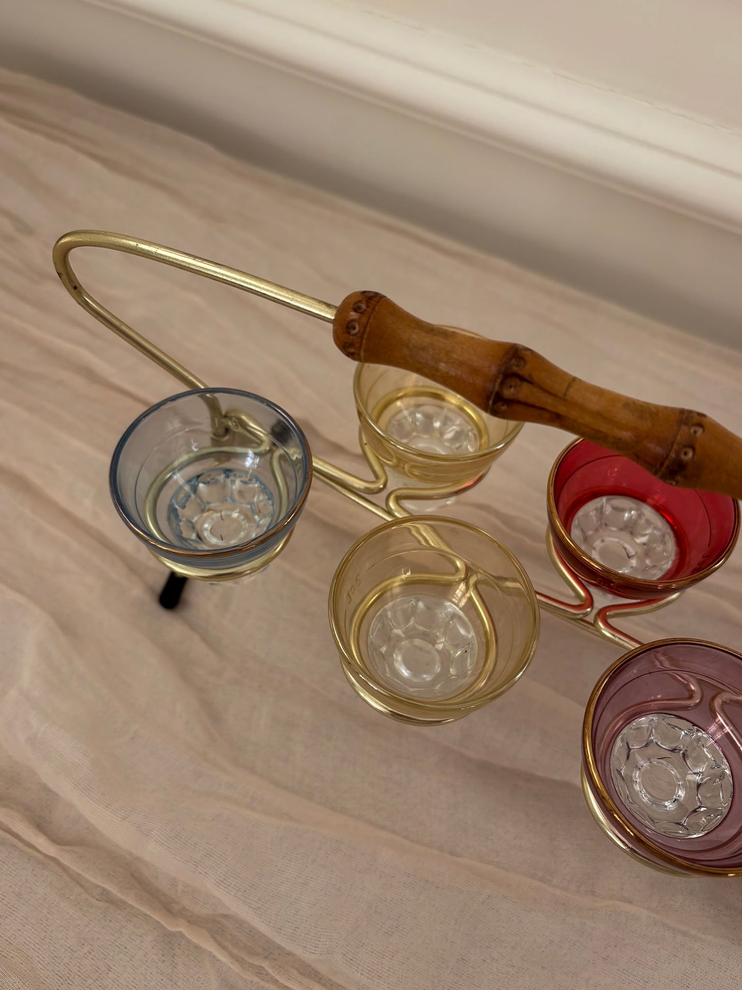 1950s Harlequin Shot Glass Set with Caddy & Bamboo Handle