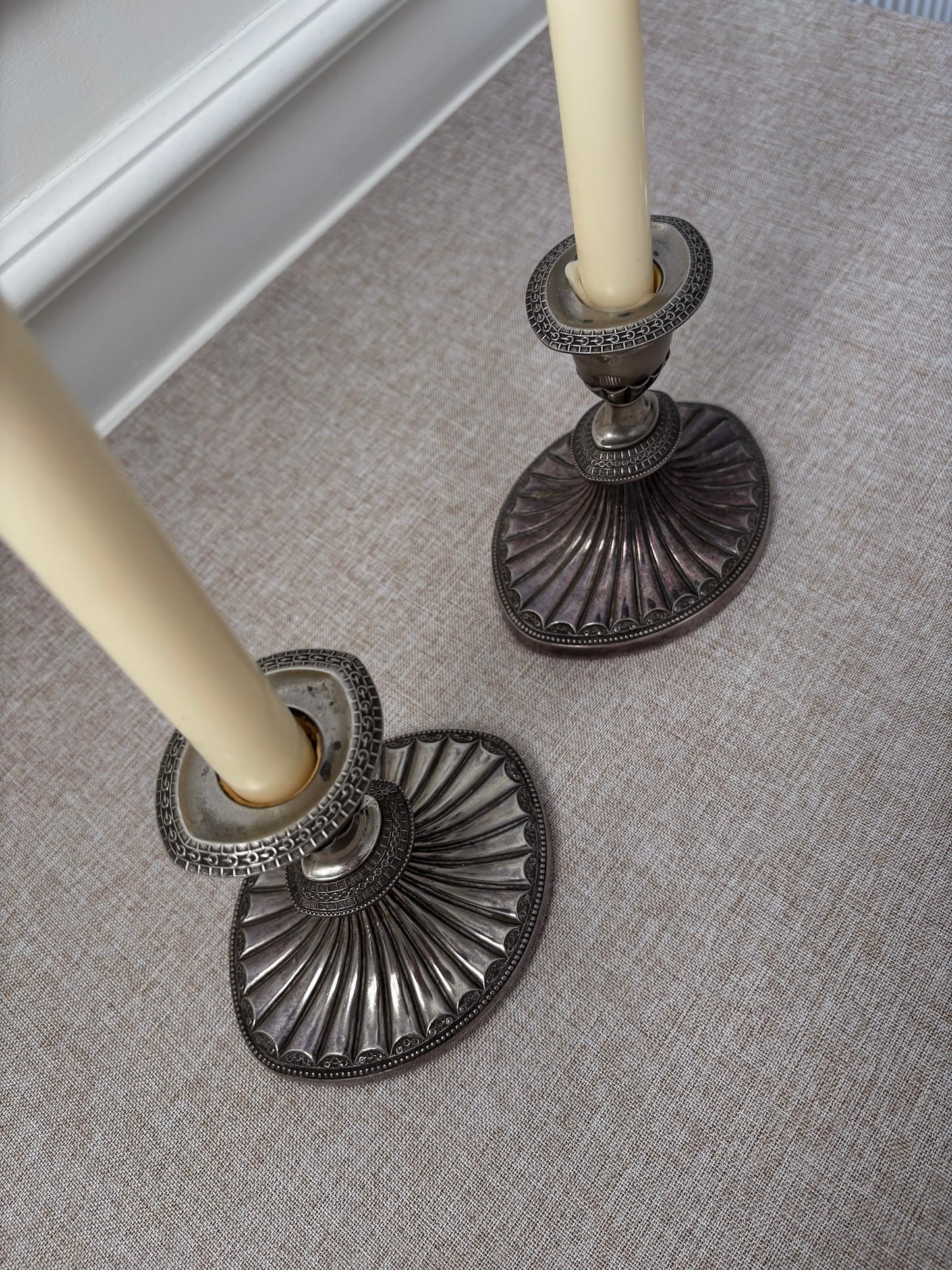 Silver-Plated Candlesticks, Fluted Oval Base with Decorative Drip Tray, Classic Pair