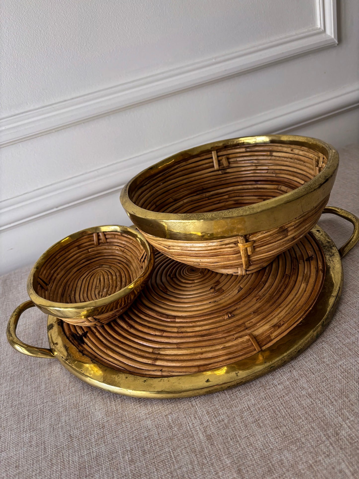 Vintage Brass & Rattan Serving Tray and Bowl Set | 1970s Italian Style Barware
