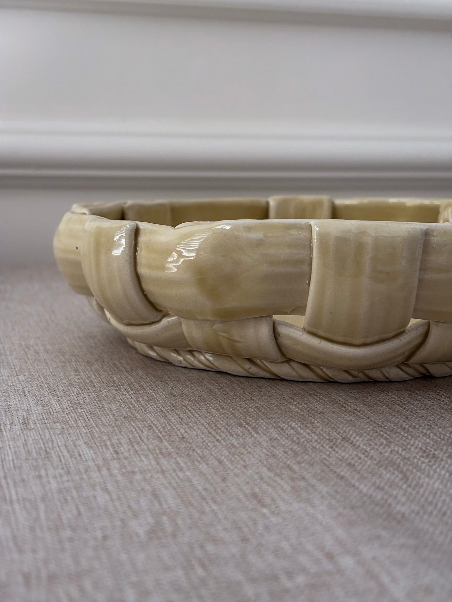 Vintage Butter Yellow Ceramic Weave Bowl | Sculptural Basket Bowl