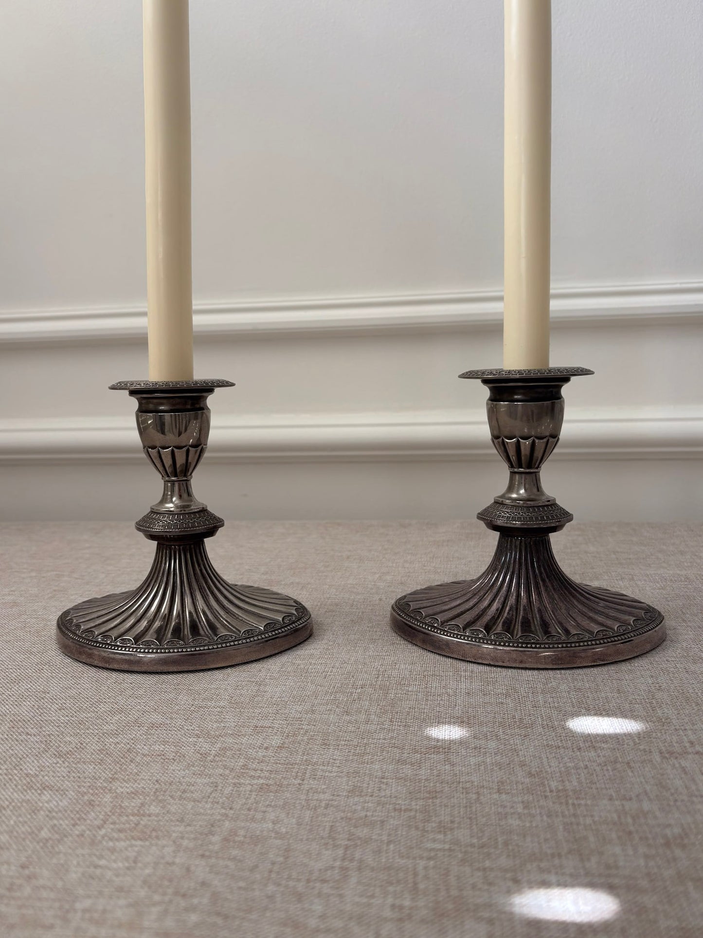 Silver-Plated Candlesticks, Fluted Oval Base with Decorative Drip Tray, Classic Pair