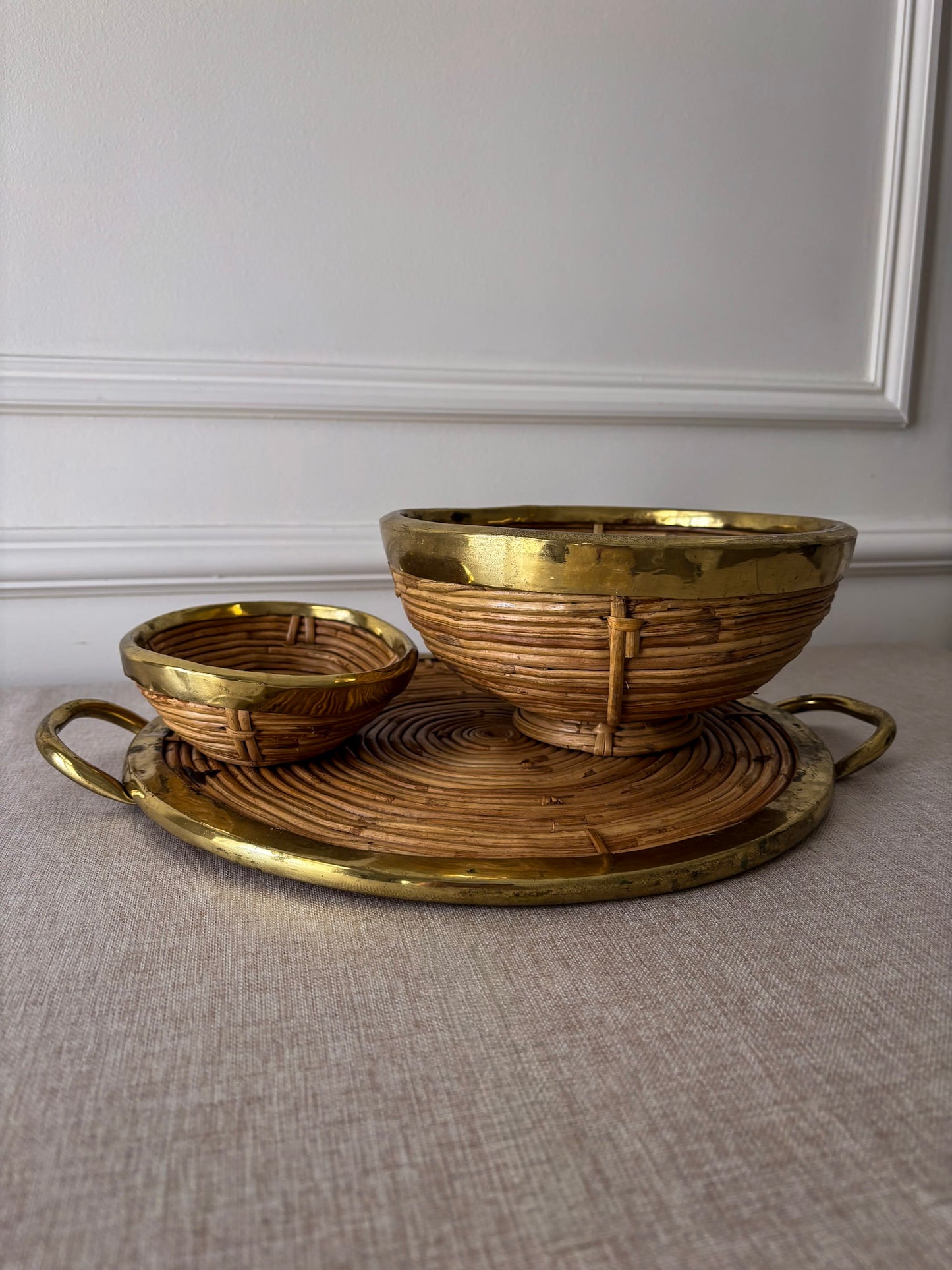 Vintage Brass & Rattan Serving Tray and Bowl Set | 1970s Italian Style Barware