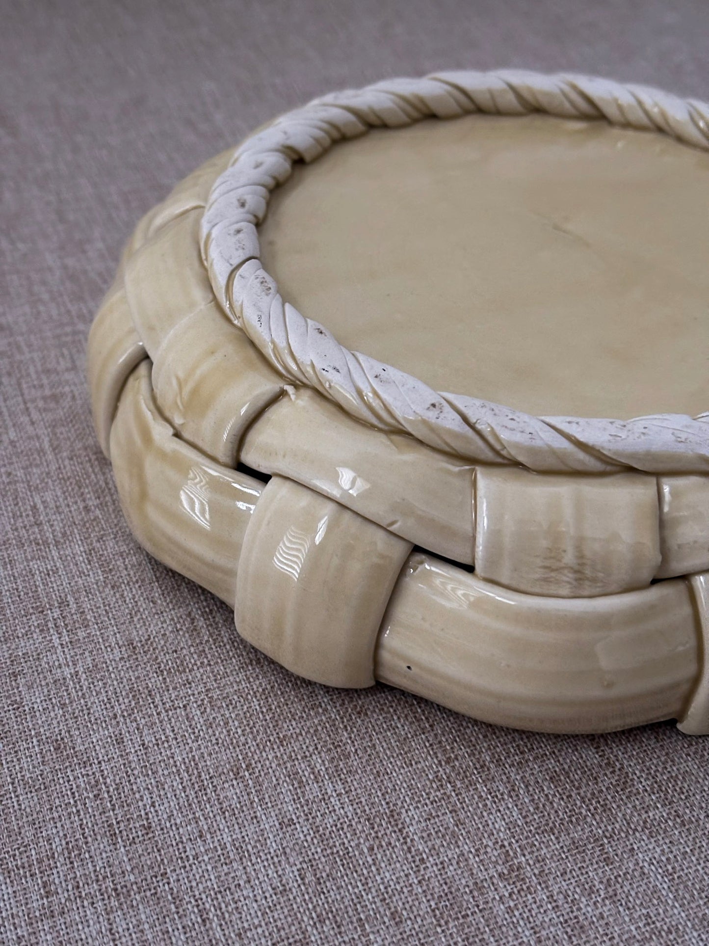 Vintage Butter Yellow Ceramic Weave Bowl | Sculptural Basket Bowl