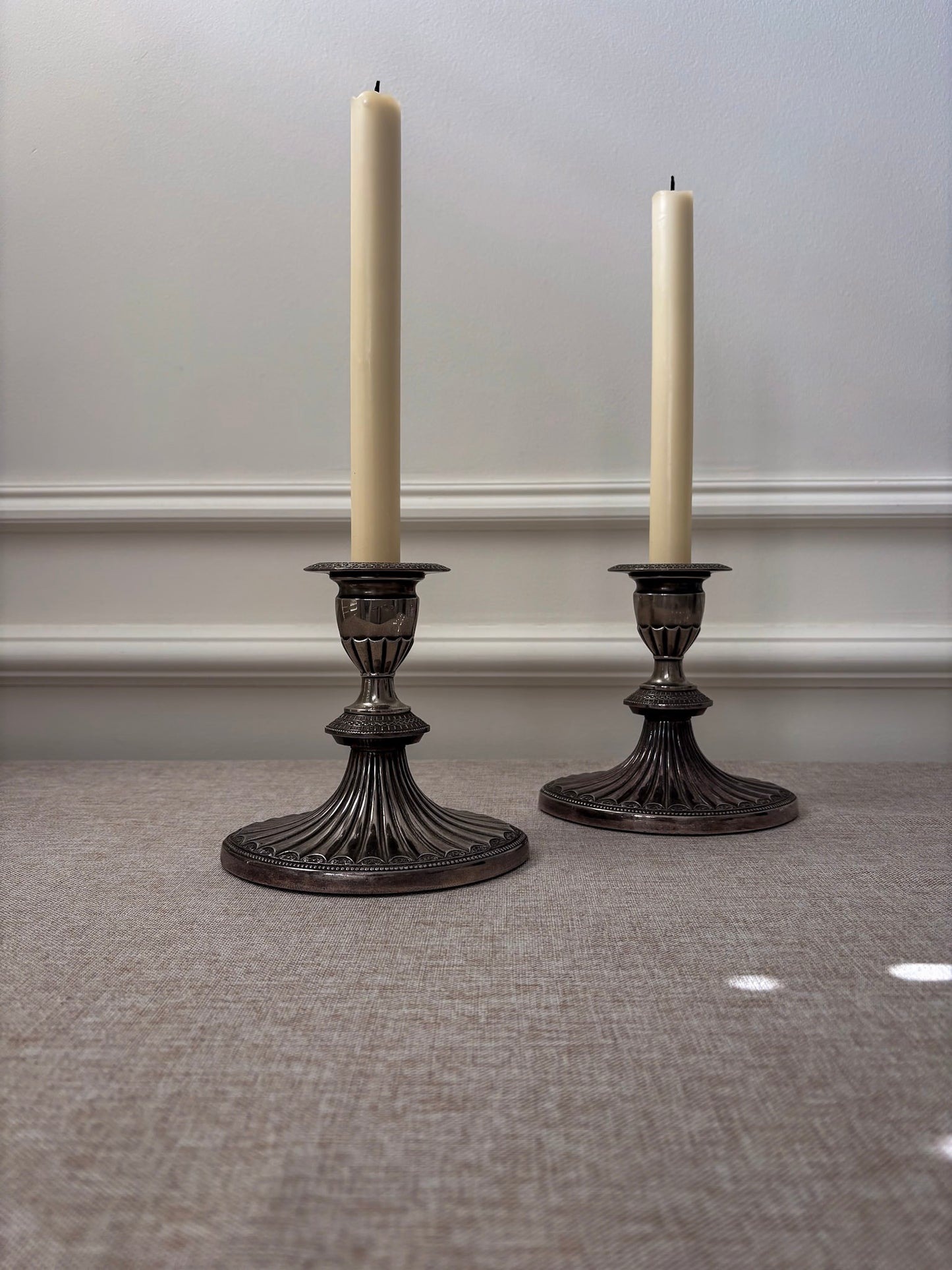 Silver-Plated Candlesticks, Fluted Oval Base with Decorative Drip Tray, Classic Pair