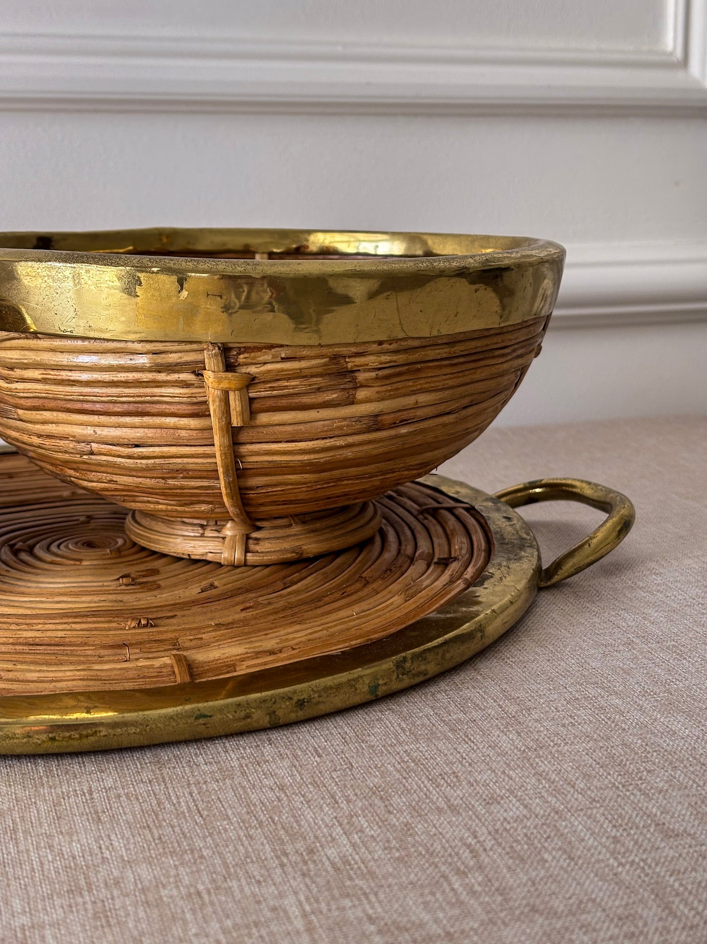 Vintage Brass & Rattan Serving Tray and Bowl Set | 1970s Italian Style Barware
